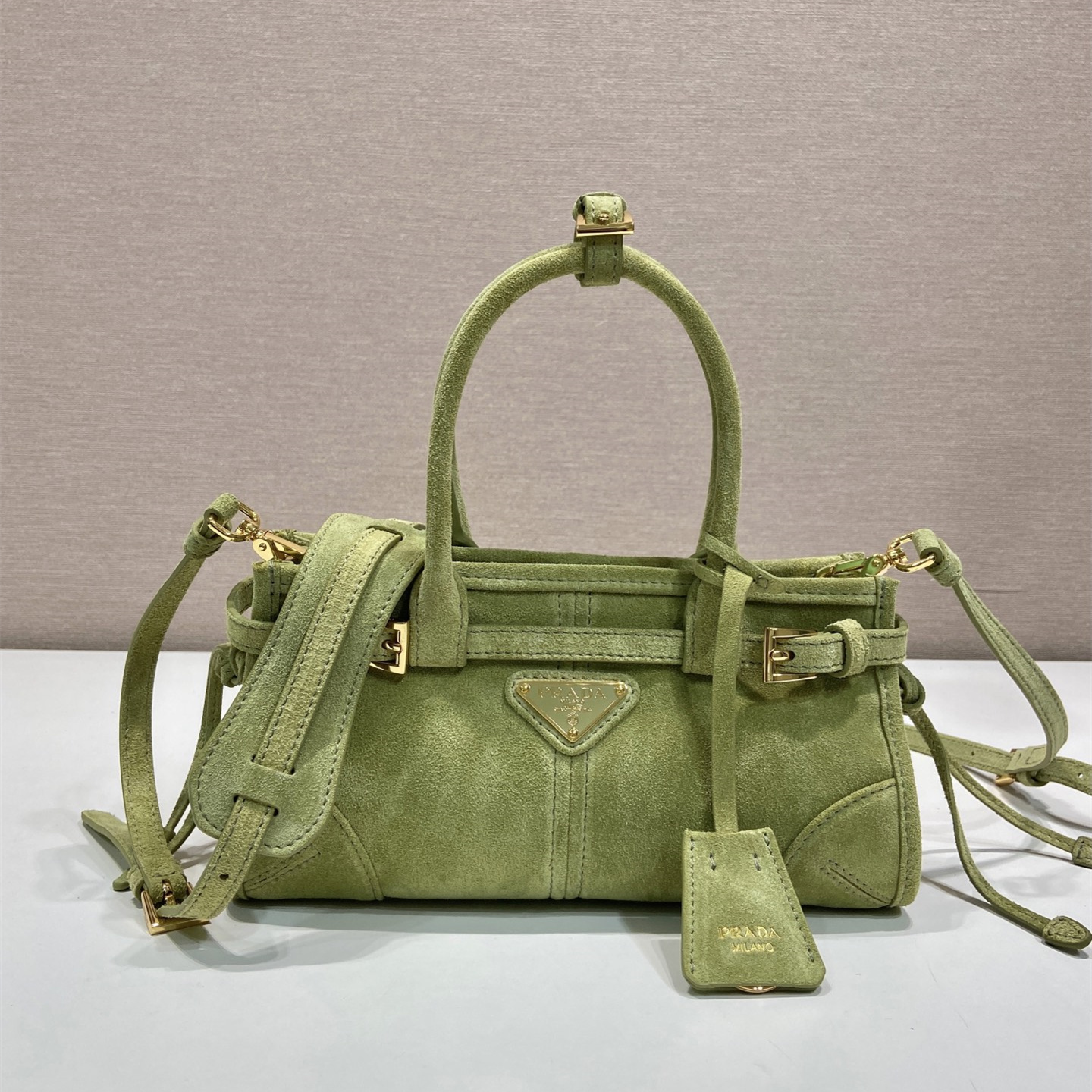 高仿Prada*Bonnie系列1BA486牛皮手提袋芥末綠mini純原版本