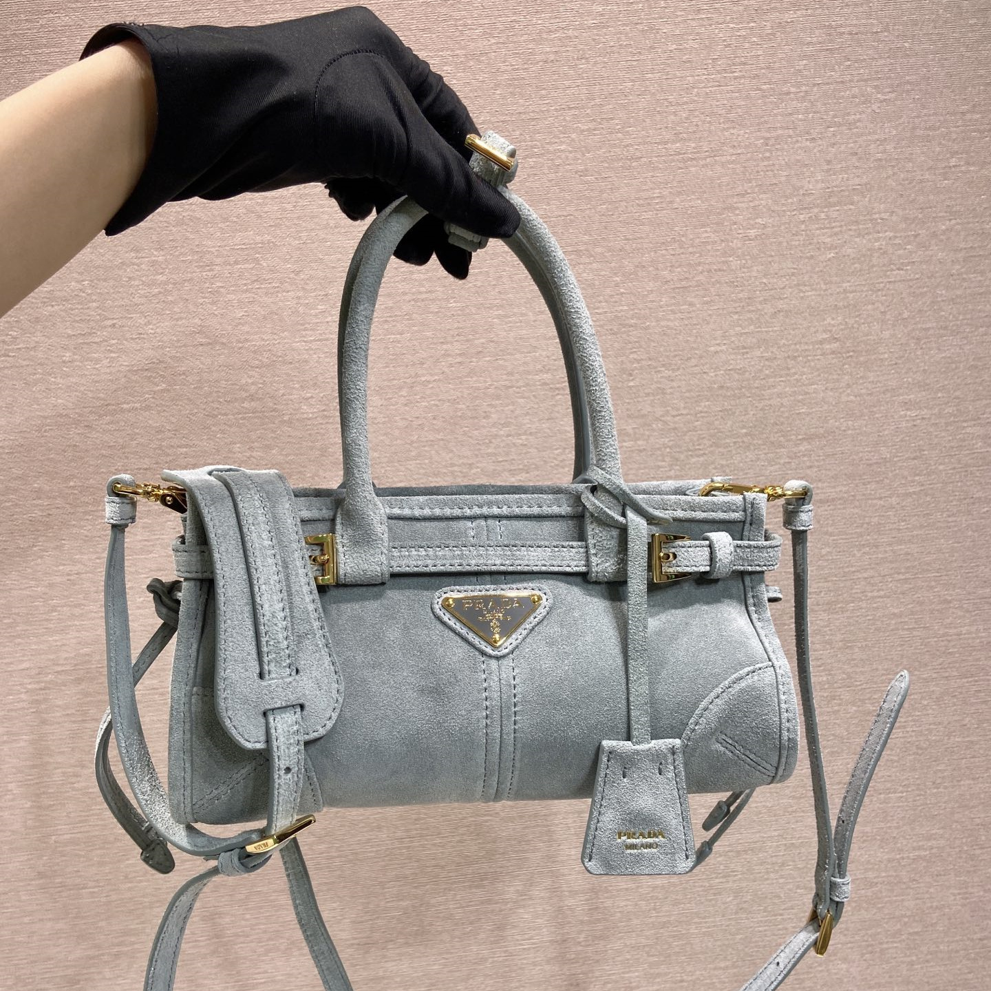 高仿Prada*Bonnie系列1BA486牛皮手提袋霧霾藍mini純原版本
