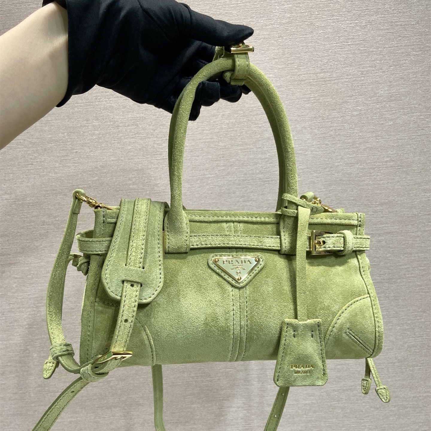 高仿Prada*Bonnie系列1BA486牛皮手提袋芥末綠mini純原版本