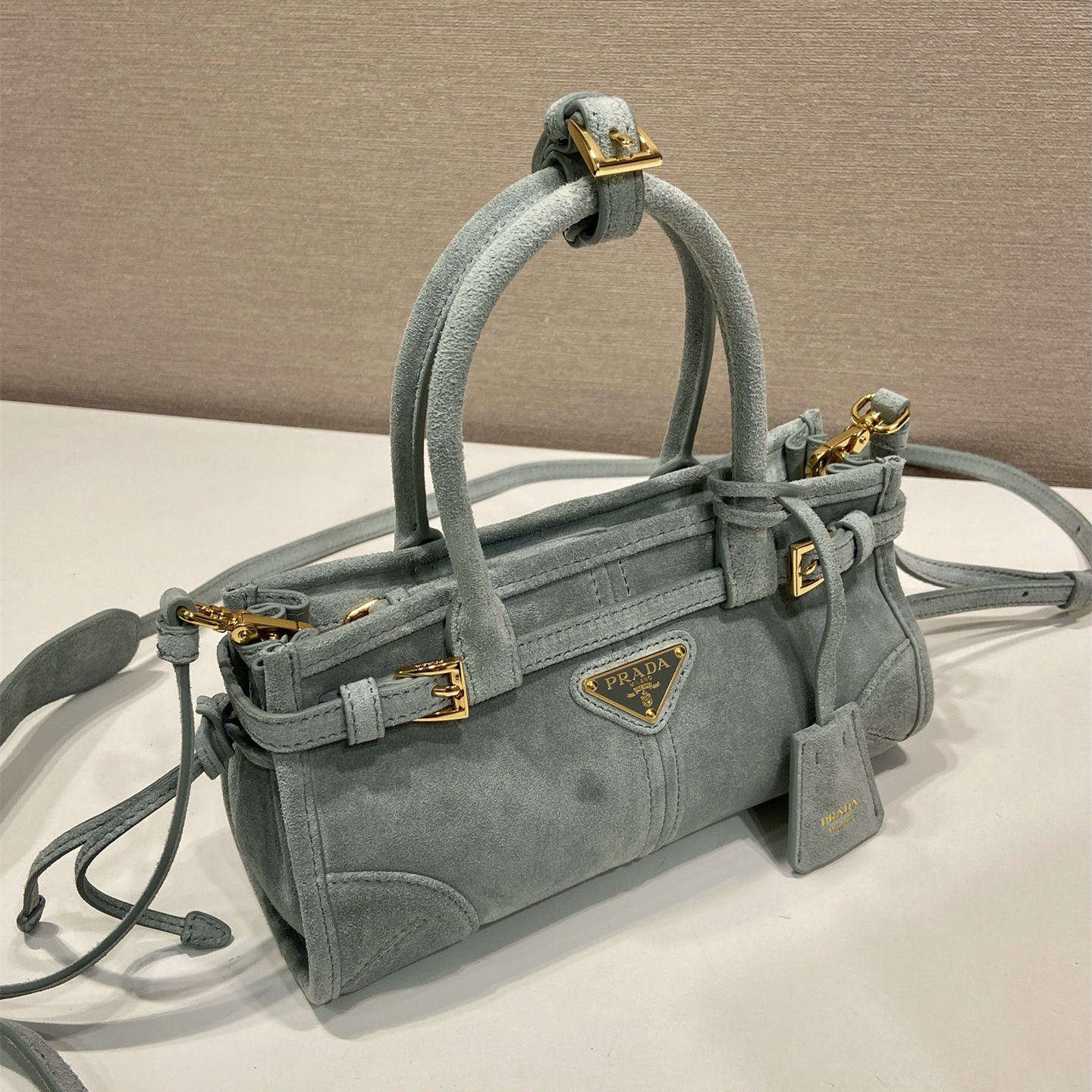 高仿Prada*Bonnie系列1BA486牛皮手提袋霧霾藍mini純原版本
