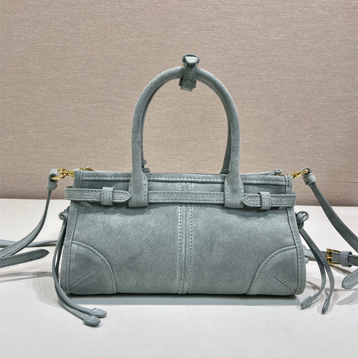 高仿Prada*Bonnie系列1BA486牛皮手提袋霧霾藍mini純原版本