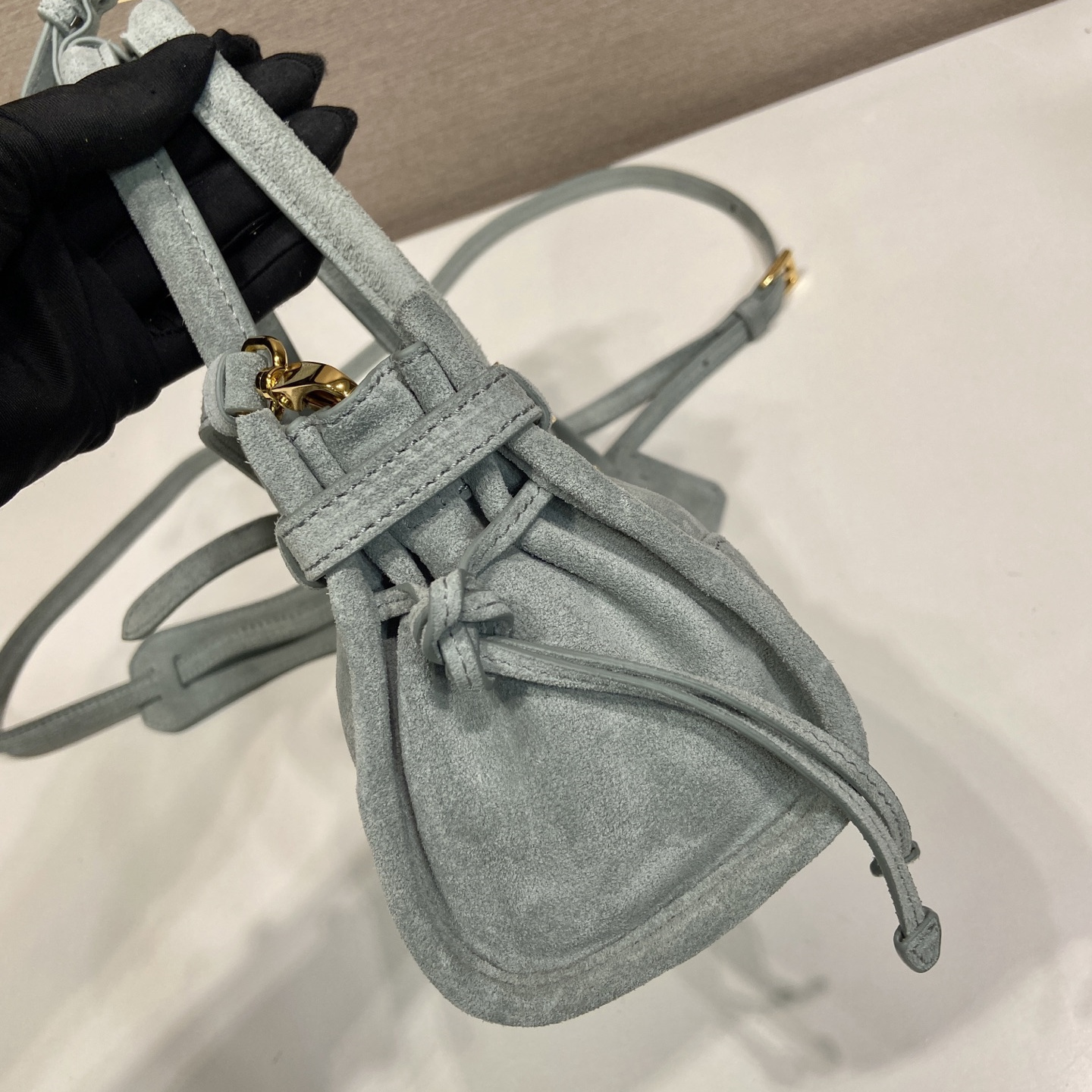 高仿Prada*Bonnie系列1BA486牛皮手提袋霧霾藍mini純原版本