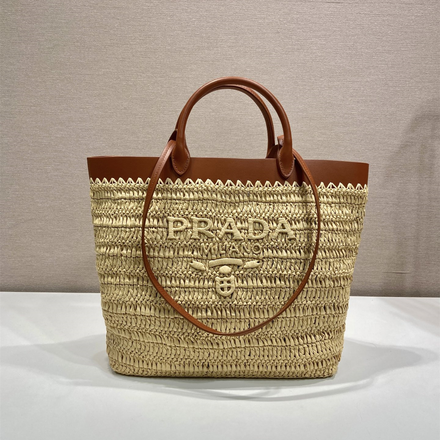 高仿Prada*1BG499手工編織Tote包米黃色中號純原版本