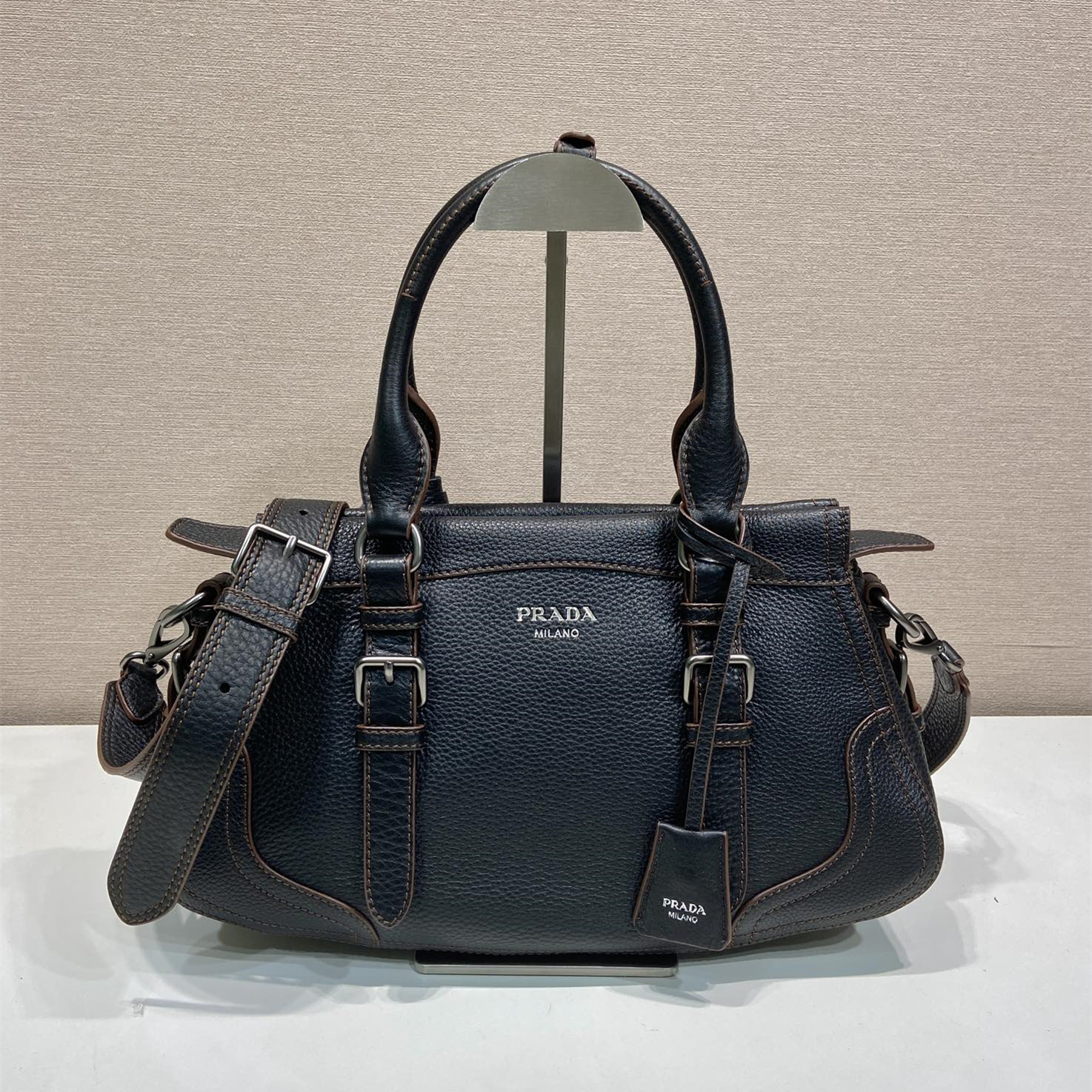 高仿Prada*Borsa系列1BG604鹿皮單肩手提包黑色大號純原版本