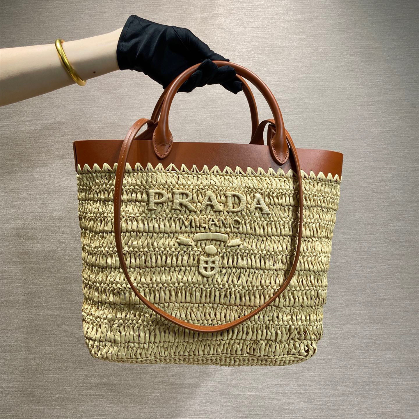 高仿Prada*1BG500手工編織Tote包米黃色小號純原版本