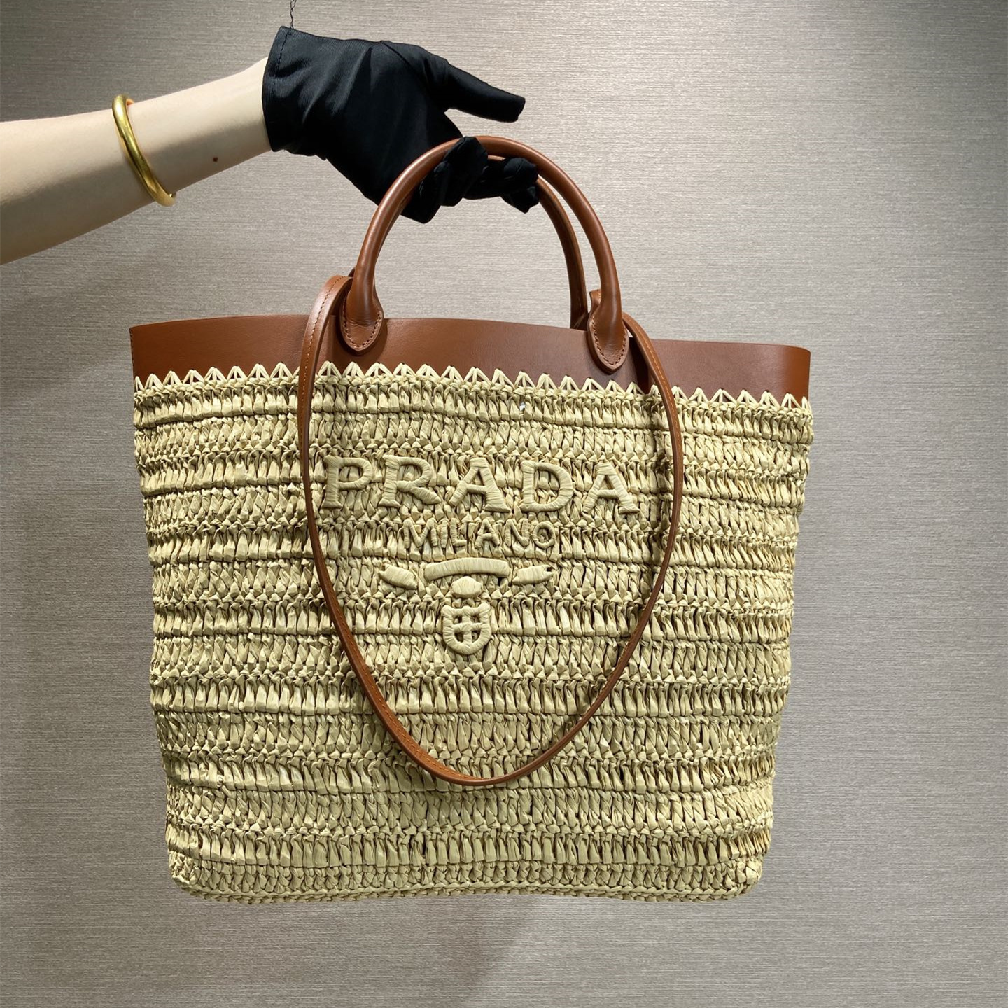 高仿Prada*1BG499手工編織Tote包米黃色中號純原版本