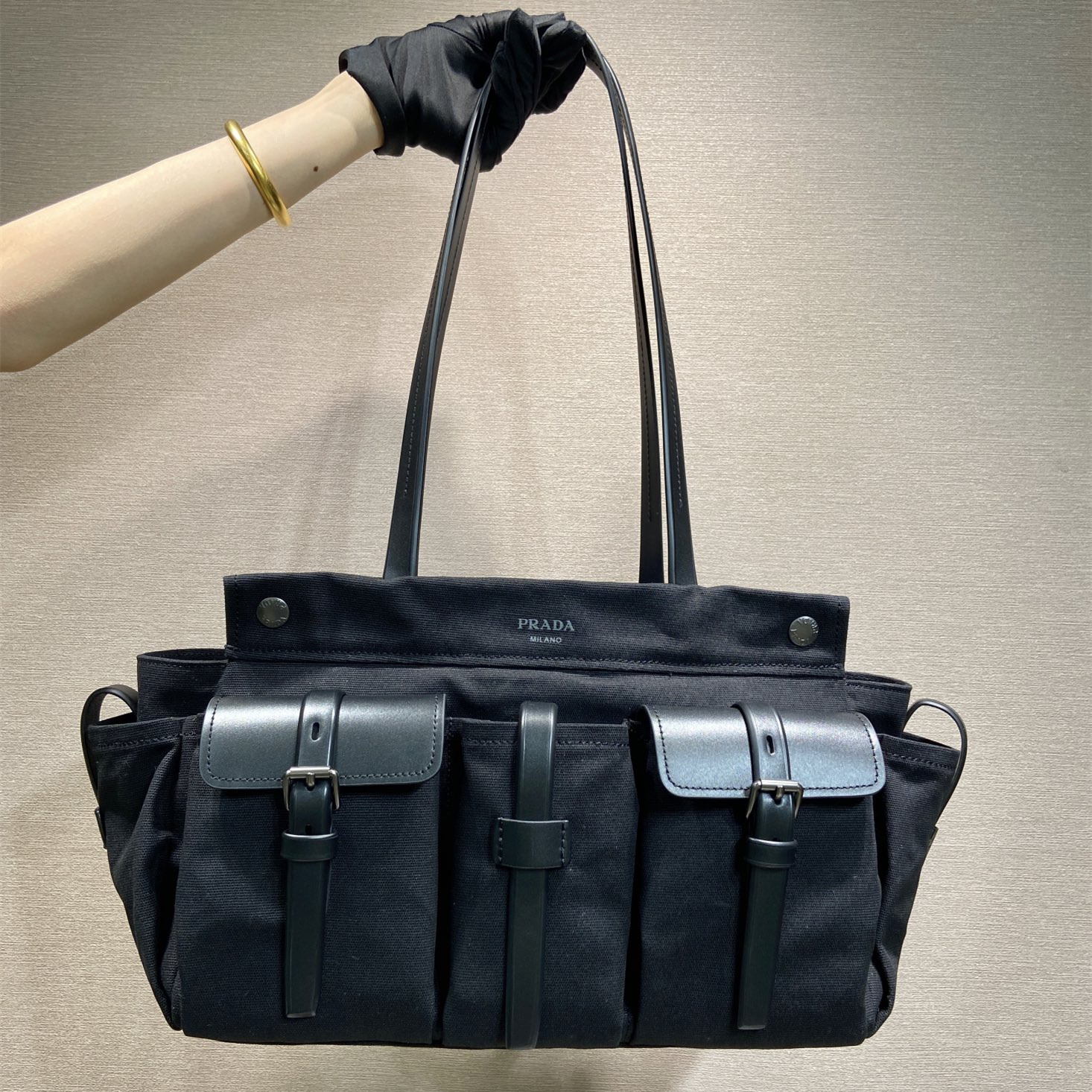 高仿Prada*Route系列1BG644牛皮織物手提袋黑色大號純原版本