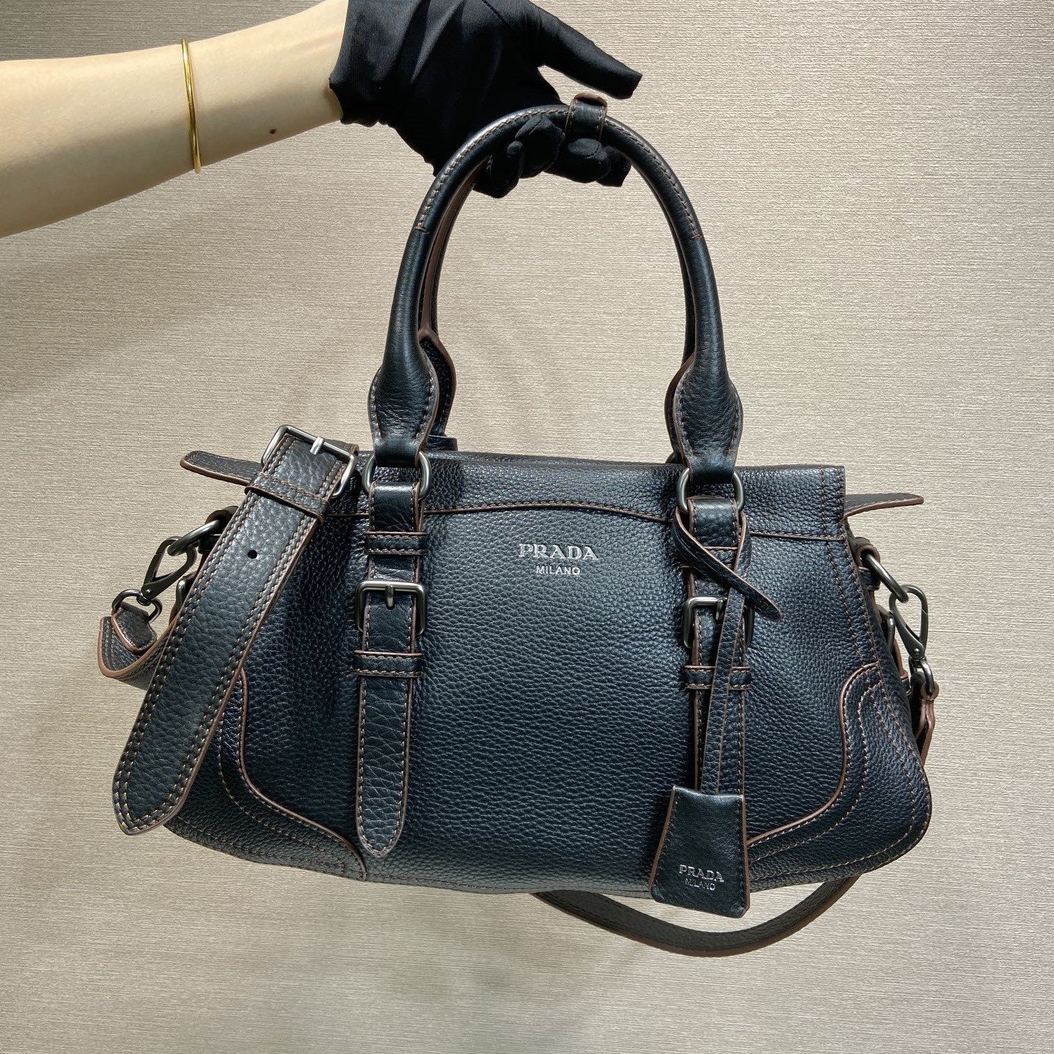 高仿Prada*Borsa系列1BG604鹿皮單肩手提包黑色大號純原版本