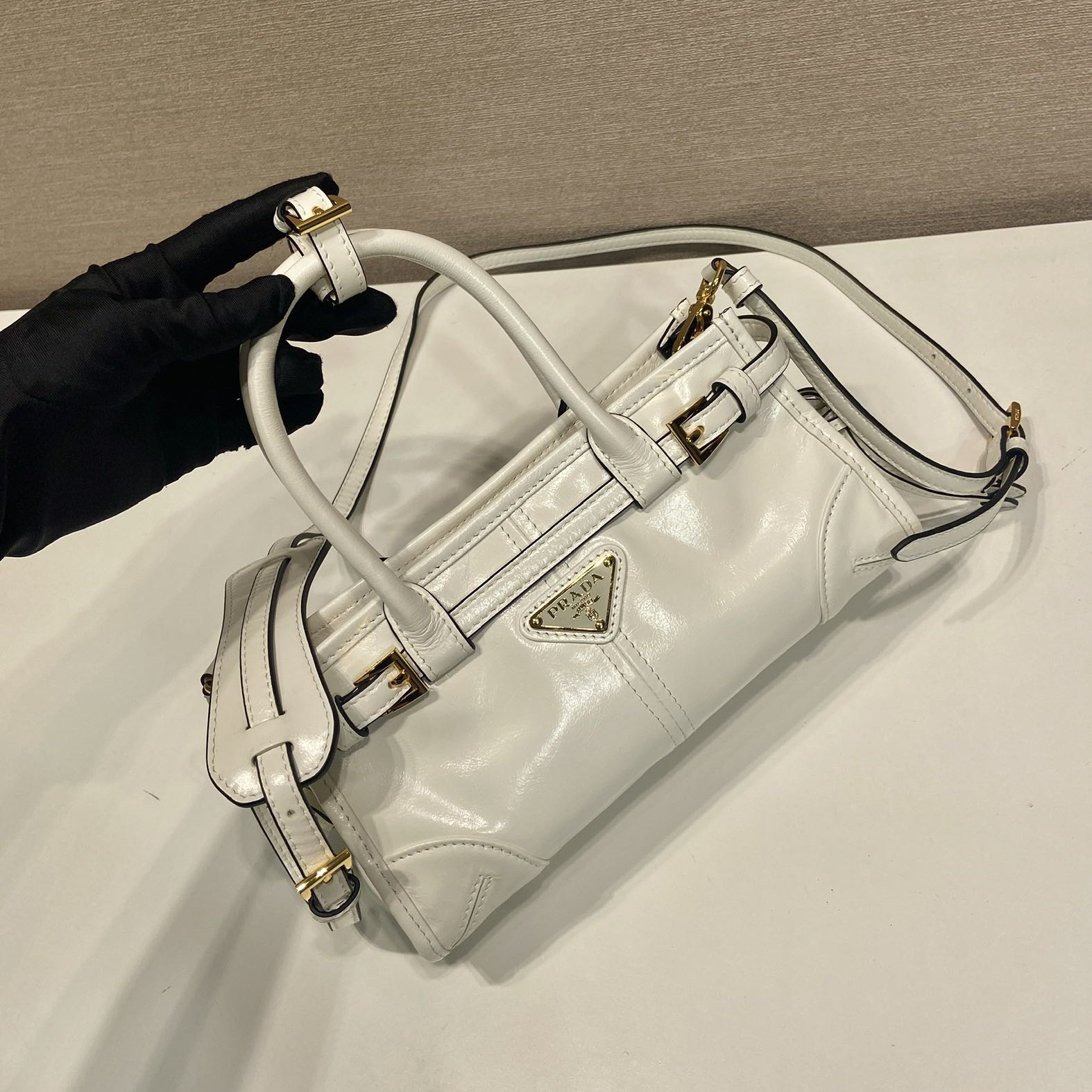 高仿Prada*Bonnie系列1BA486油蠟皮手提袋白色mini純原版本