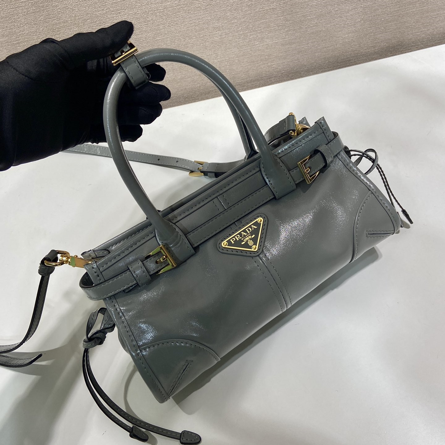 高仿Prada*Bonnie系列1BA486油蠟皮手提袋青灰色mini純原版本