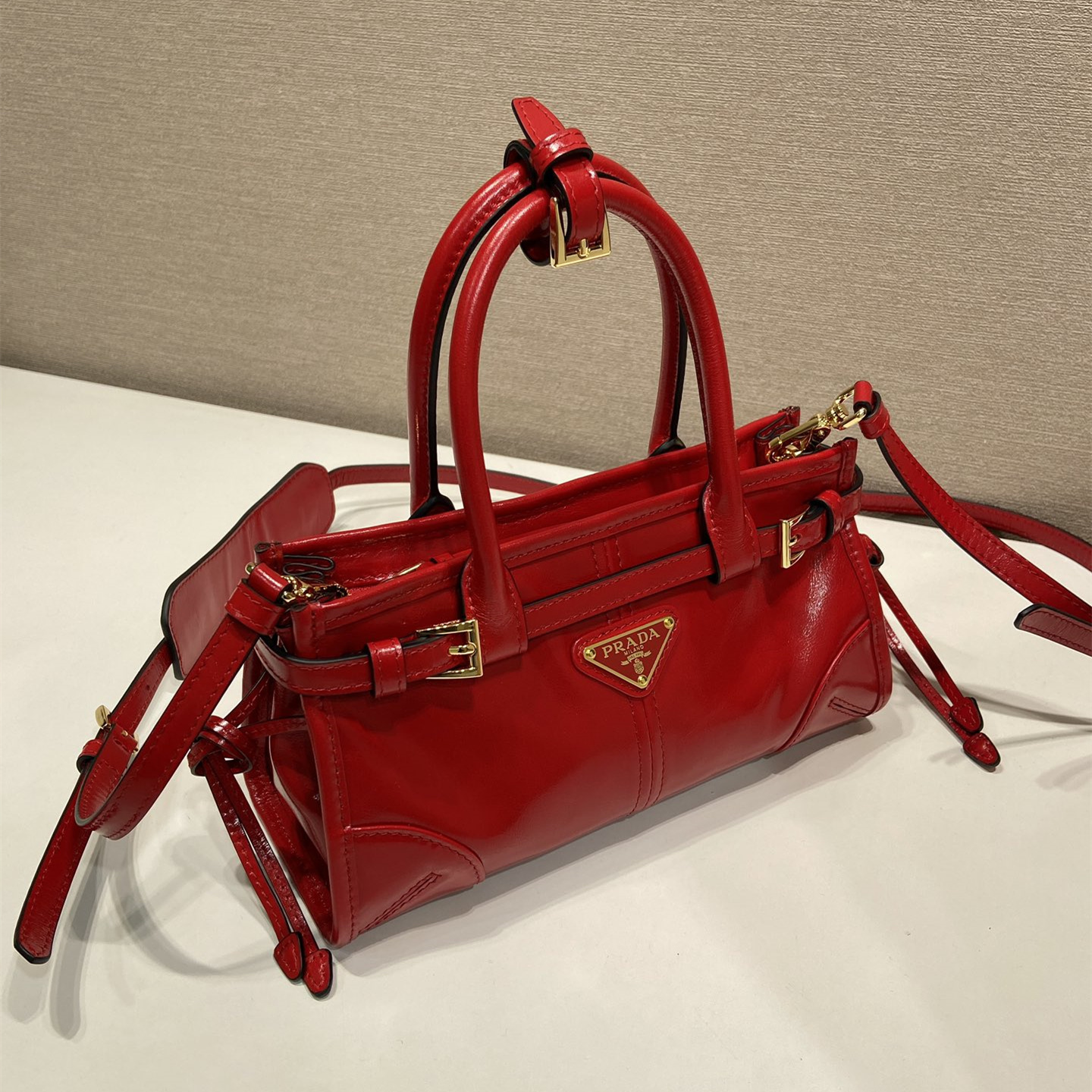 高仿Prada*Bonnie系列1BA486油蠟皮手提袋七夕紅mini純原版本