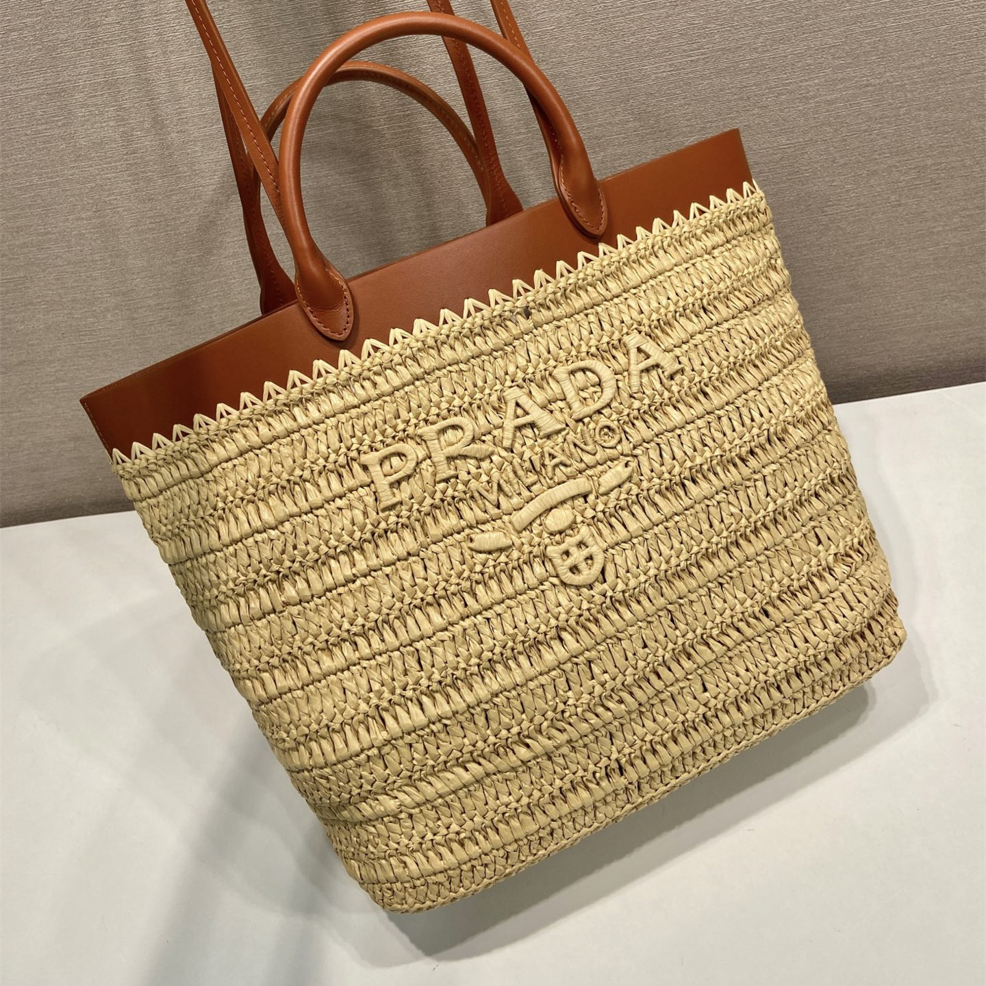 高仿Prada*1BG499手工編織Tote包米黃色中號純原版本