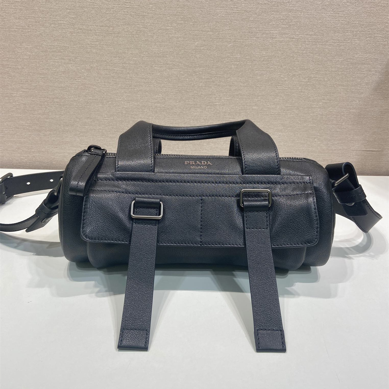 高仿Prada*Route系列1BB161牛皮手提單肩包黑色中號純原版本