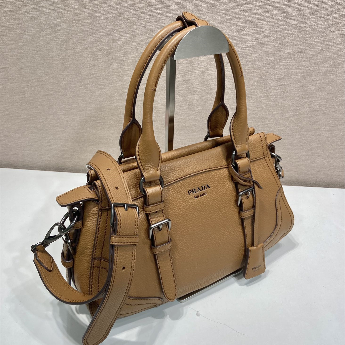 高仿Prada*Borsa系列1BG604鹿皮單肩手提包駝色大號純原版本