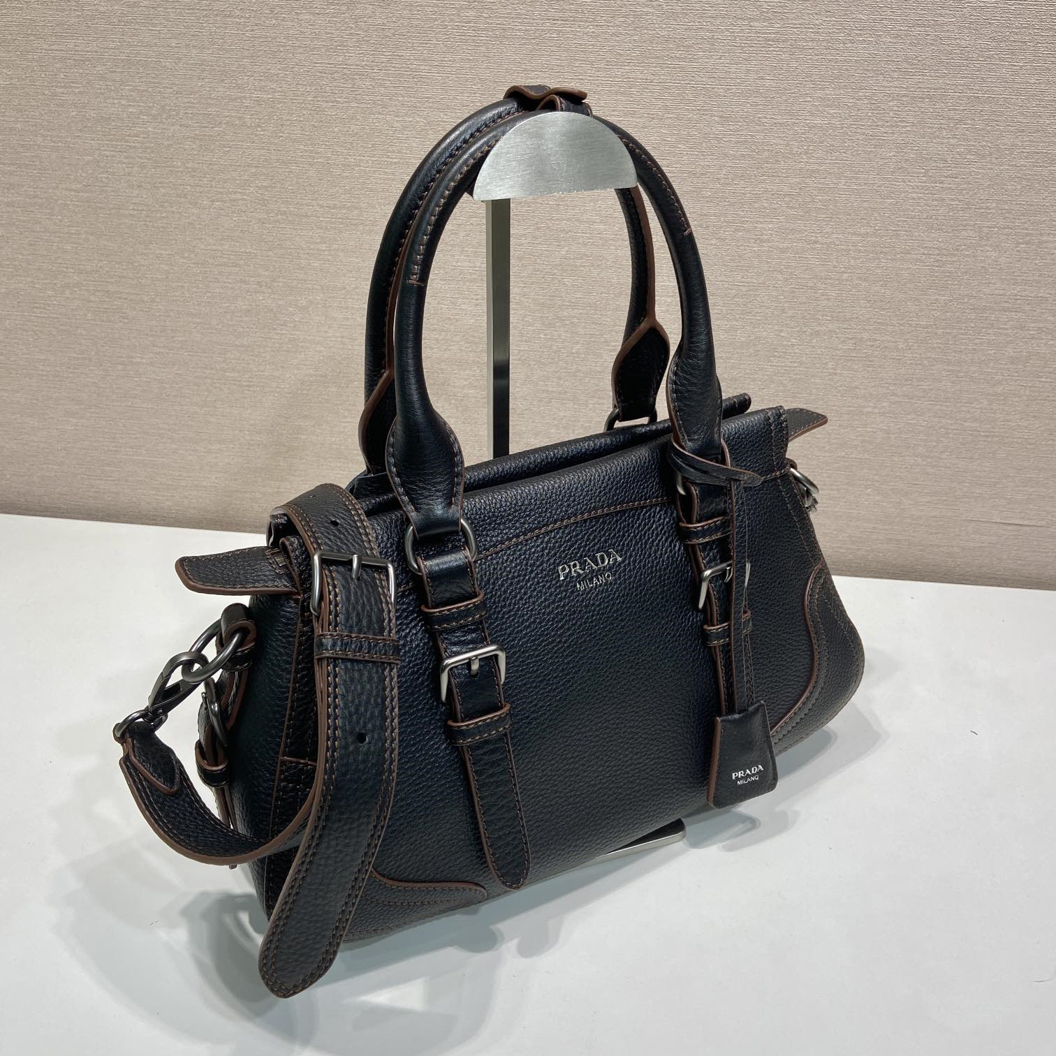 高仿Prada*Borsa系列1BG604鹿皮單肩手提包黑色大號純原版本