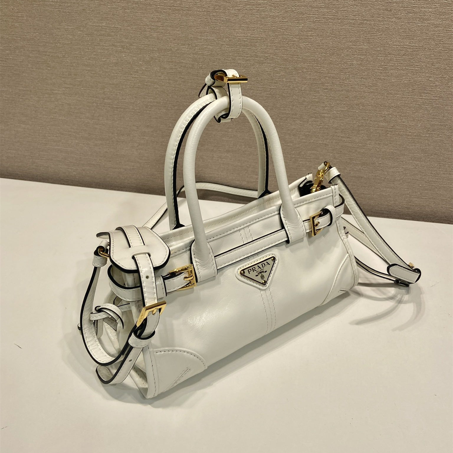 高仿Prada*Bonnie系列1BA486油蠟皮手提袋白色mini純原版本