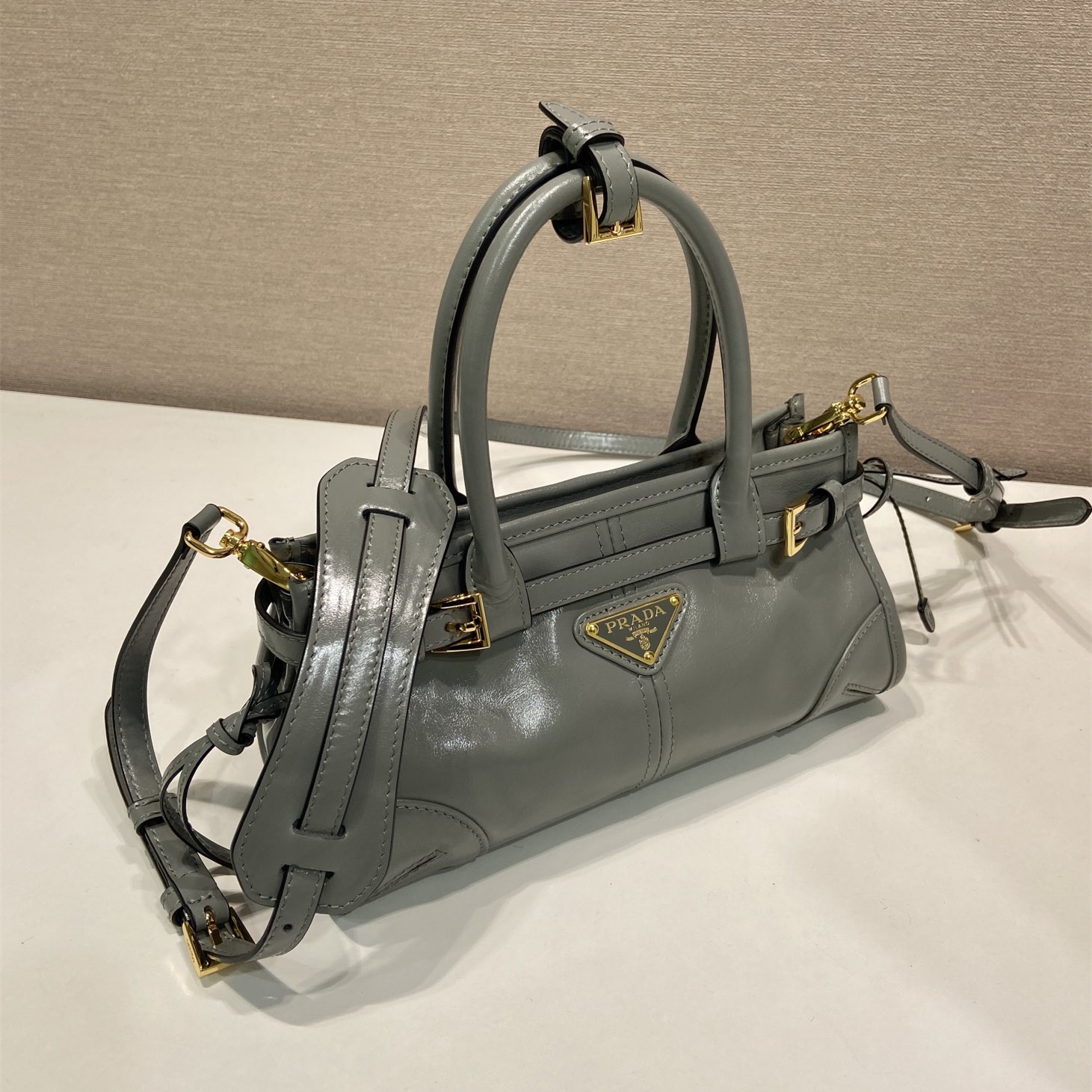 高仿Prada*Bonnie系列1BA486油蠟皮手提袋青灰色mini純原版本
