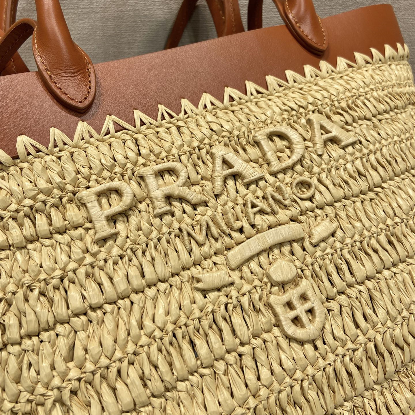 高仿Prada*1BG500手工編織Tote包米黃色小號純原版本