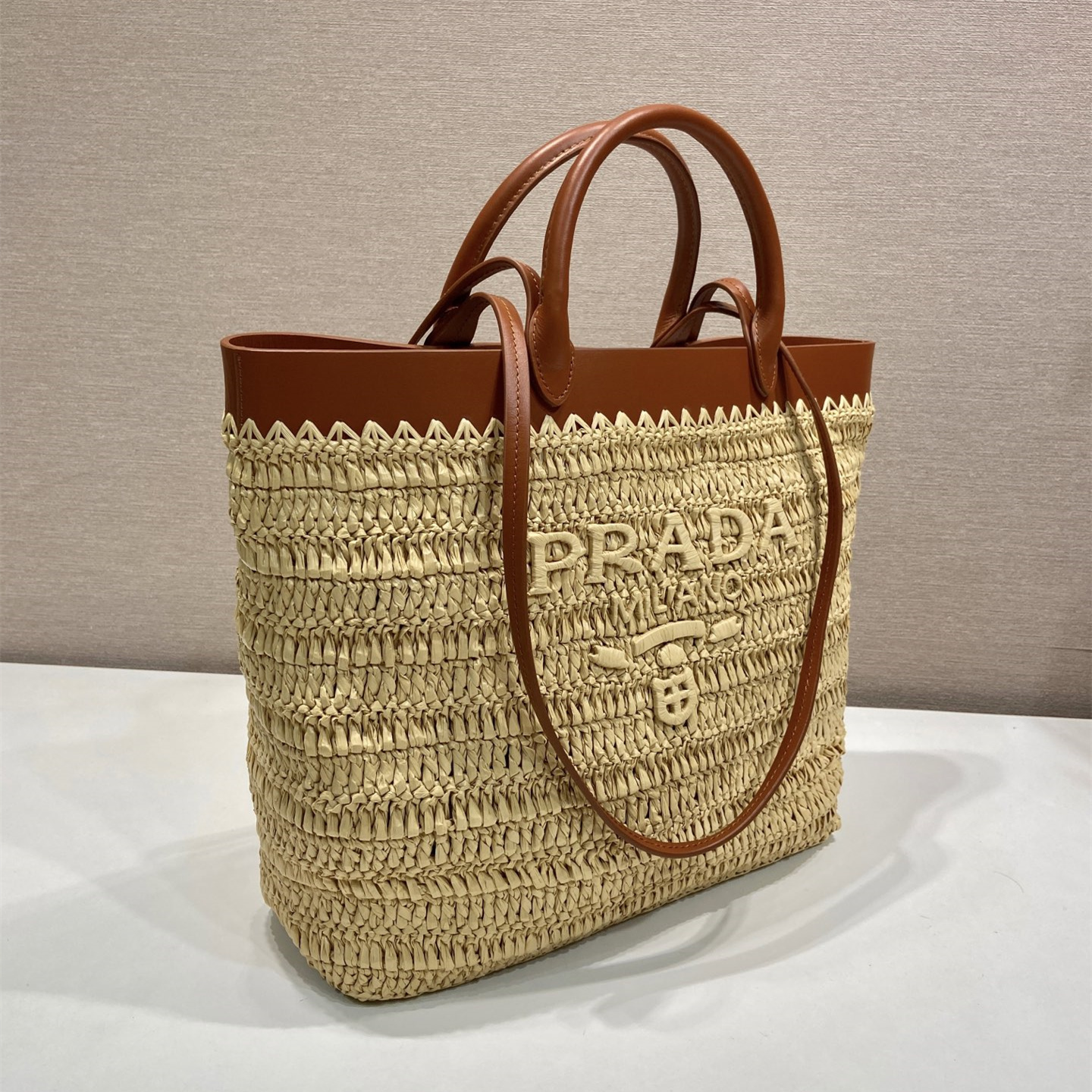 高仿Prada*1BG499手工編織Tote包米黃色中號純原版本