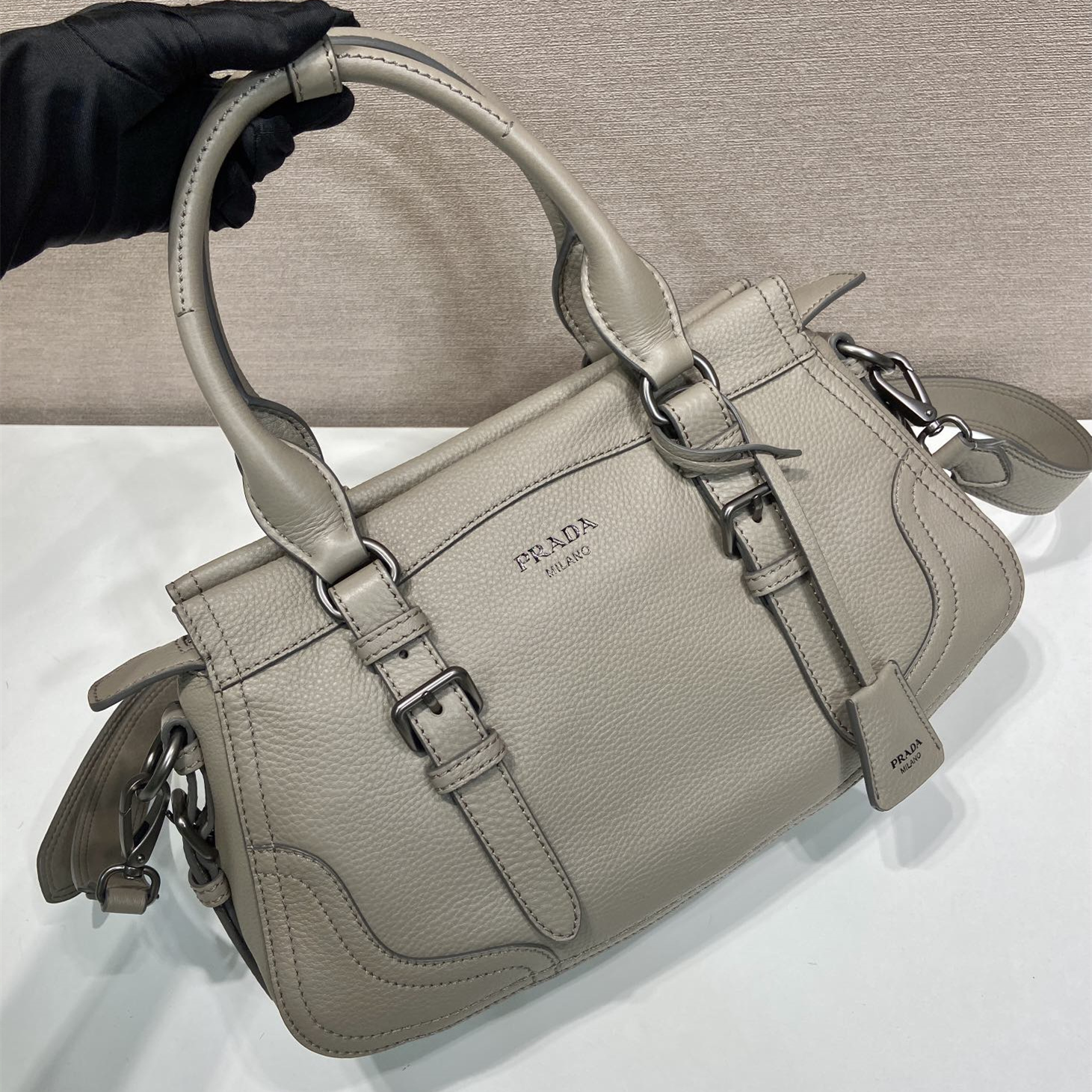 高仿Prada*Borsa系列1BG604鹿皮單肩手提包灰色大號純原版本