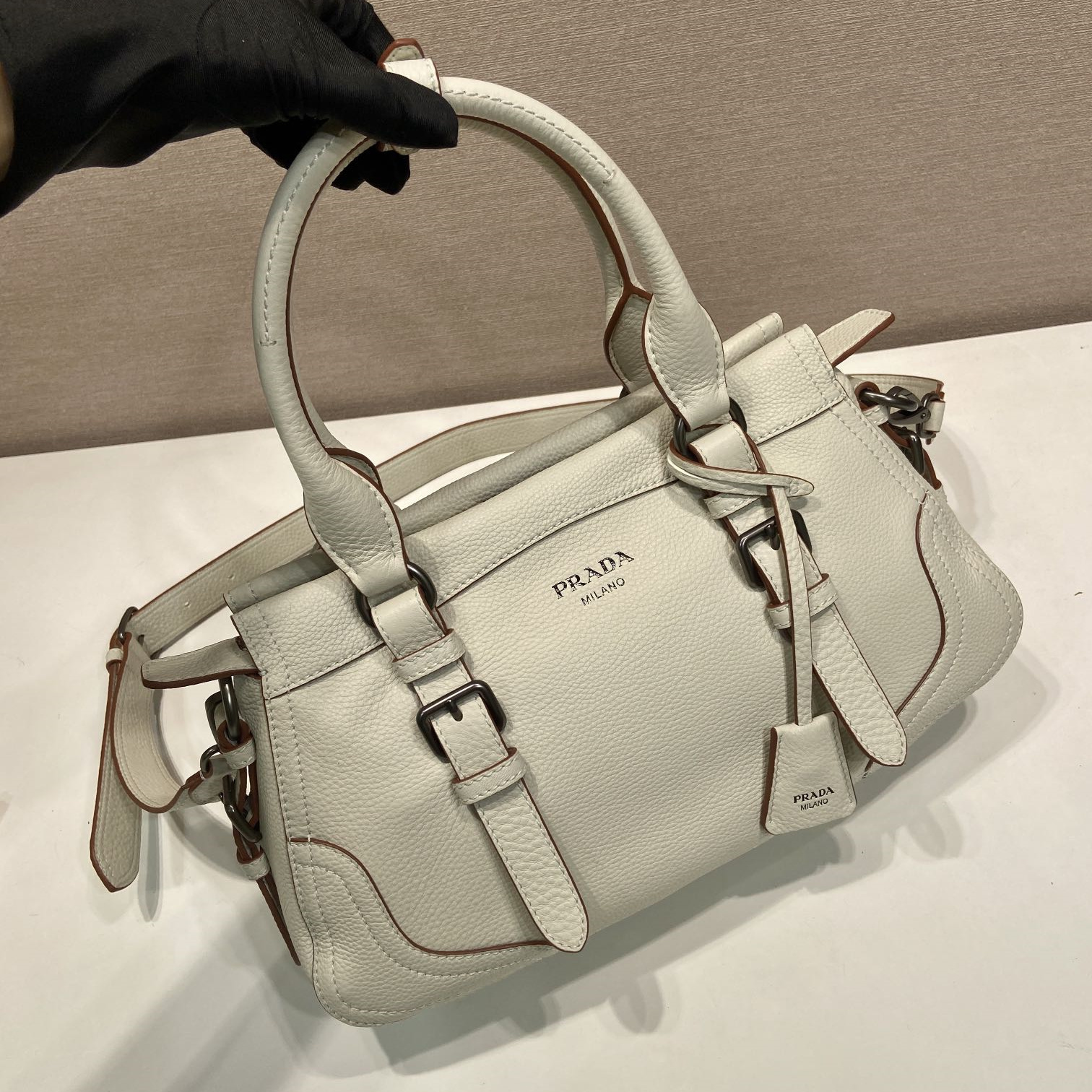 高仿Prada*Borsa系列1BG604鹿皮單肩手提包白色大號純原版本