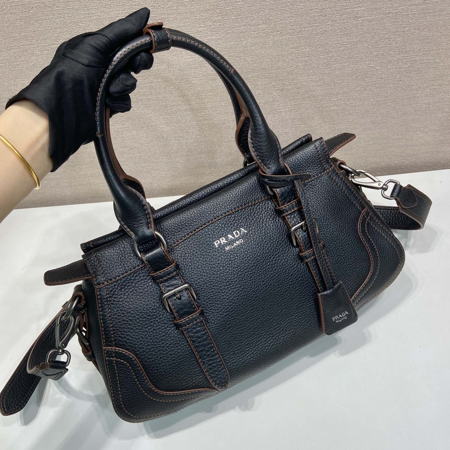 高仿Prada*Borsa系列1BG604鹿皮單肩手提包黑色大號純原版本