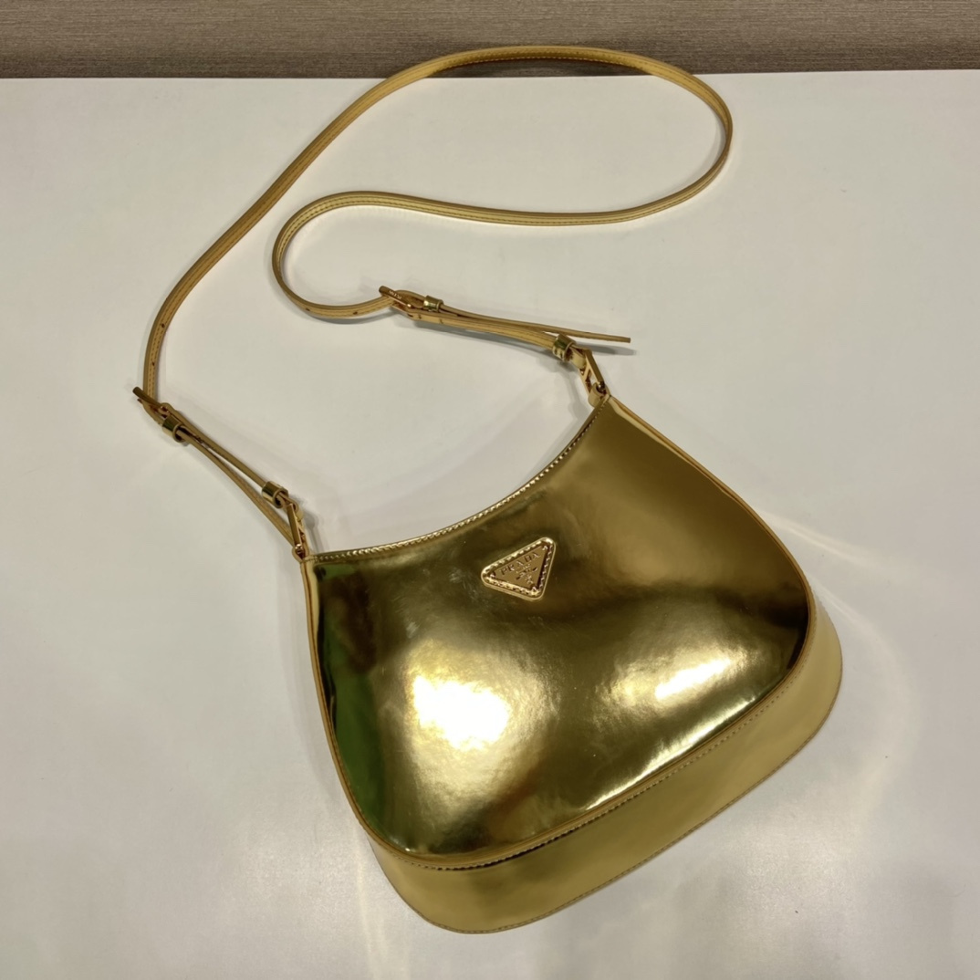 高仿Prada*Cleo系列1BC169亮面牛皮Hobo手提包鉑金色純原版本