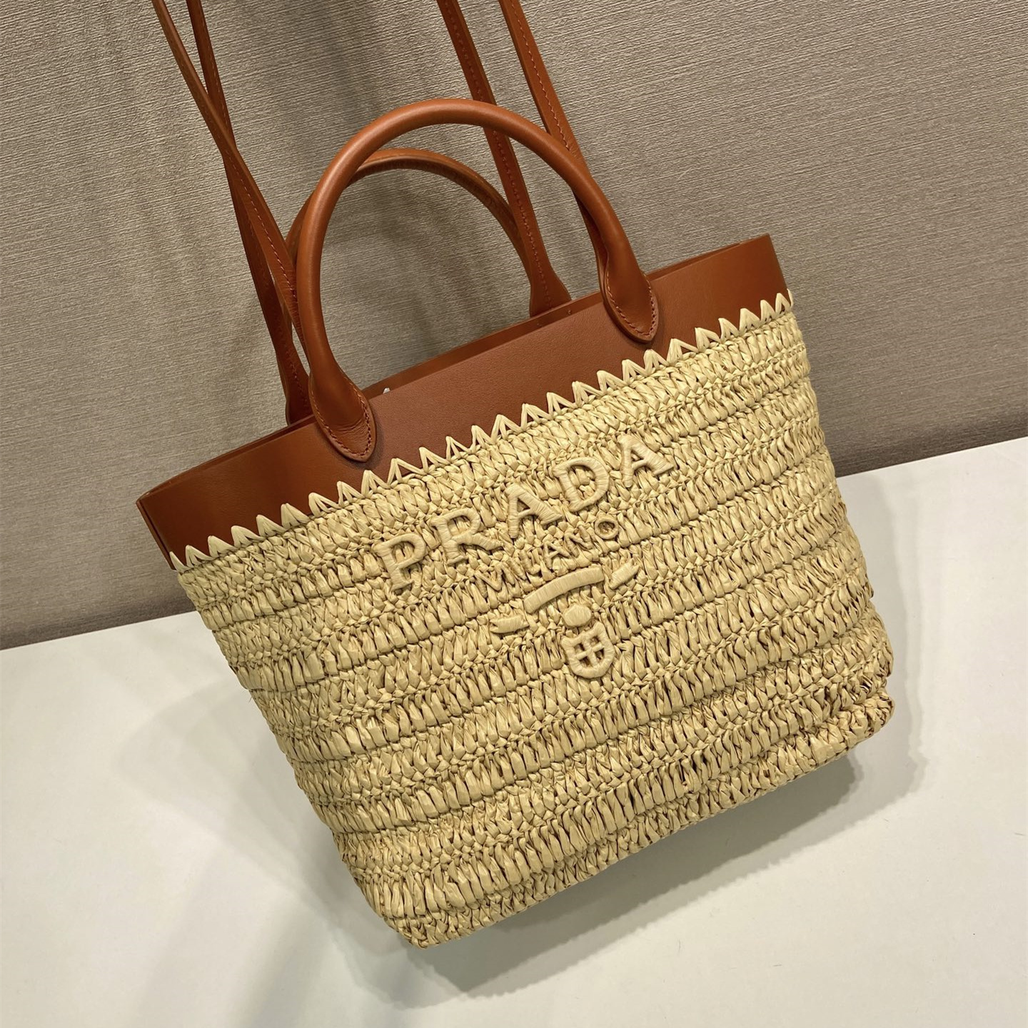 高仿Prada*1BG500手工編織Tote包米黃色小號純原版本