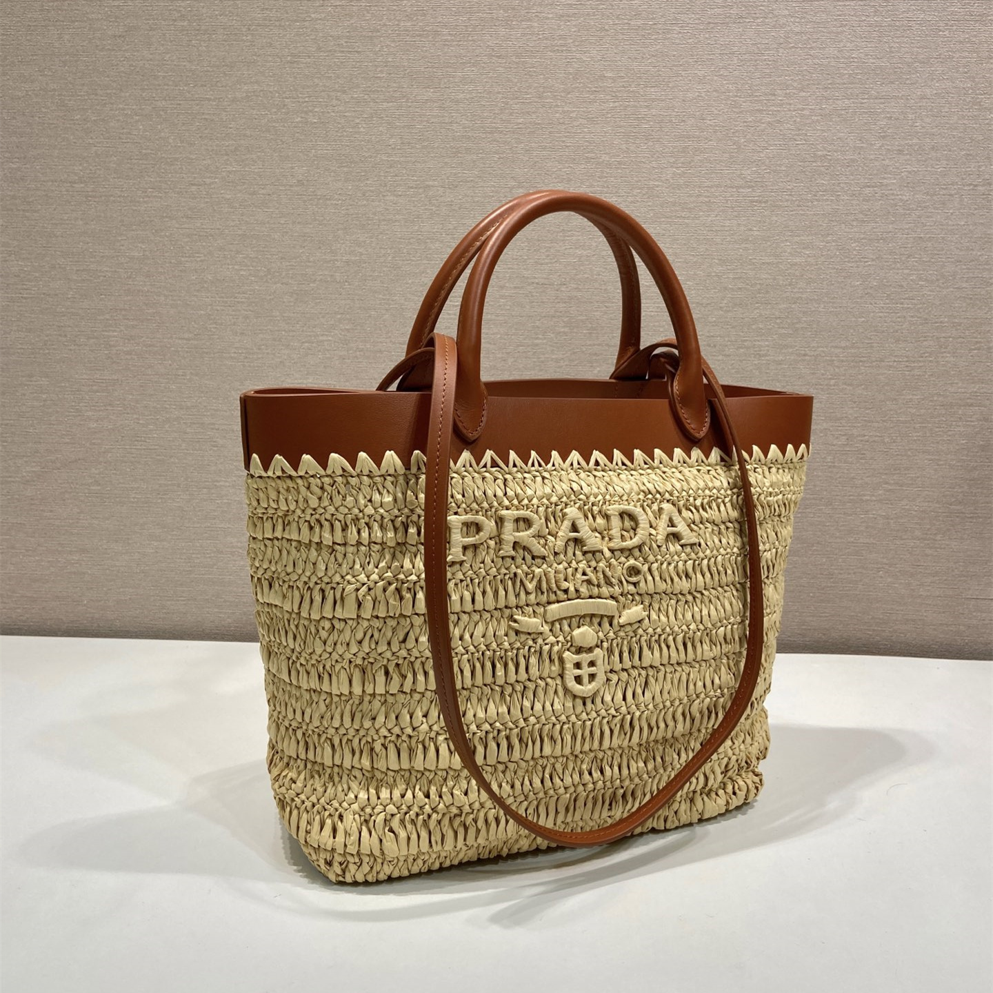 高仿Prada*1BG500手工編織Tote包米黃色小號純原版本