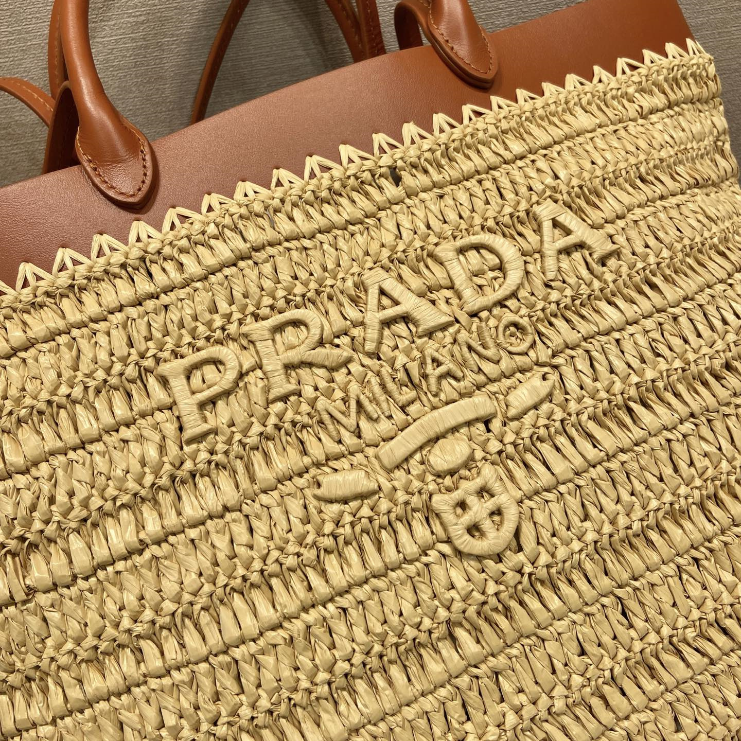 高仿Prada*1BG499手工編織Tote包米黃色中號純原版本