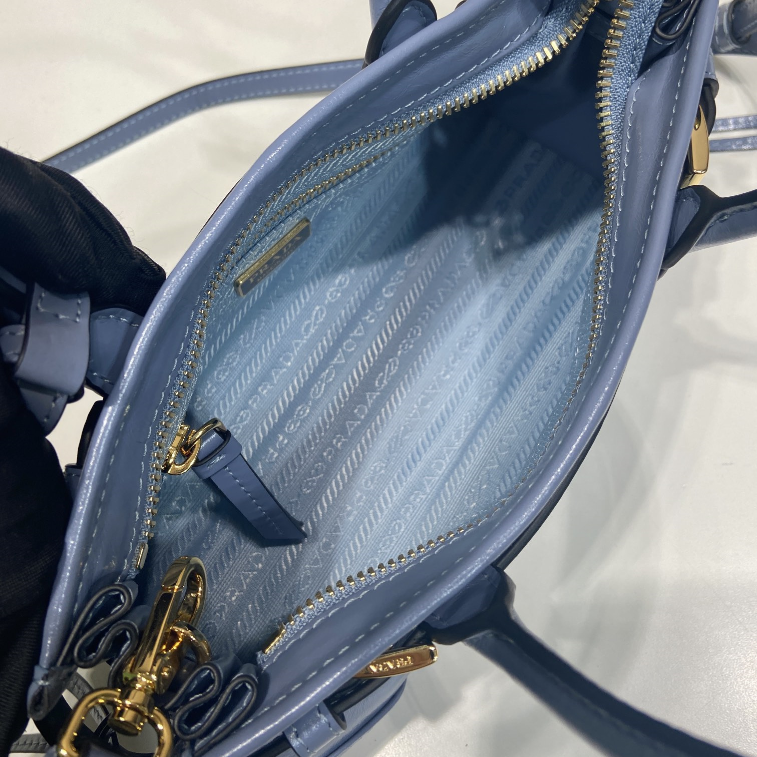高仿Prada*Bonnie系列1BA486油蠟皮手提袋航空藍mini純原版本