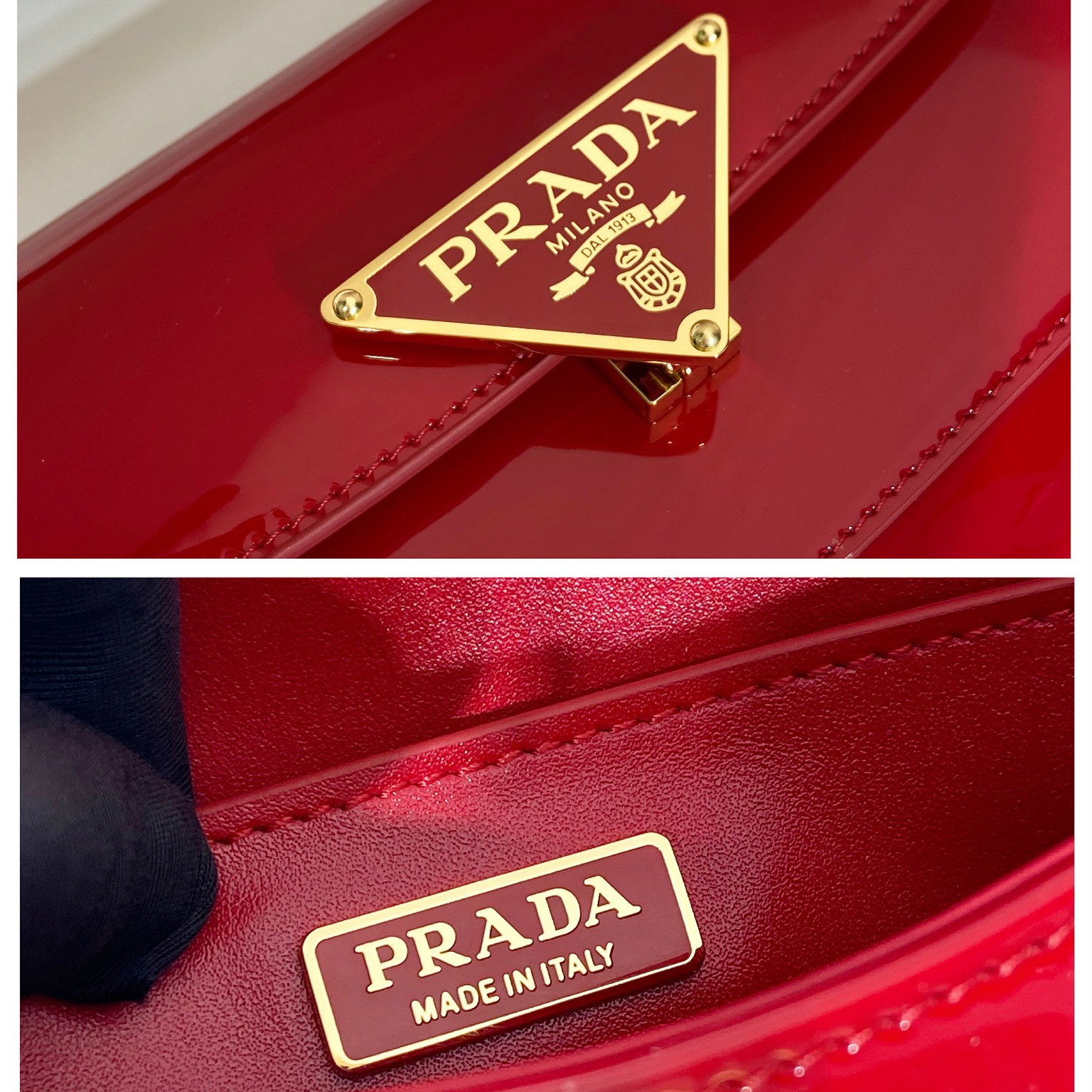 高仿Prada*1BD355徽標漆皮單肩包櫻桃紅純原版本