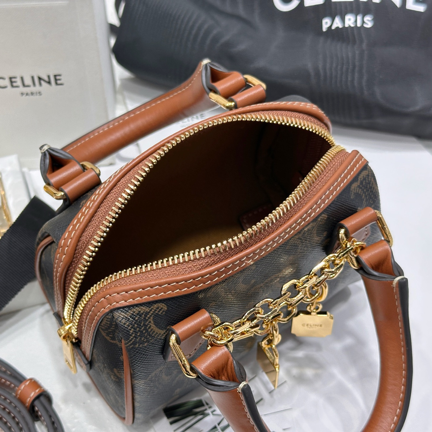 高仿Celine*Triomphe系列195112牛皮波士頓手袋黃褐色mini純原版本