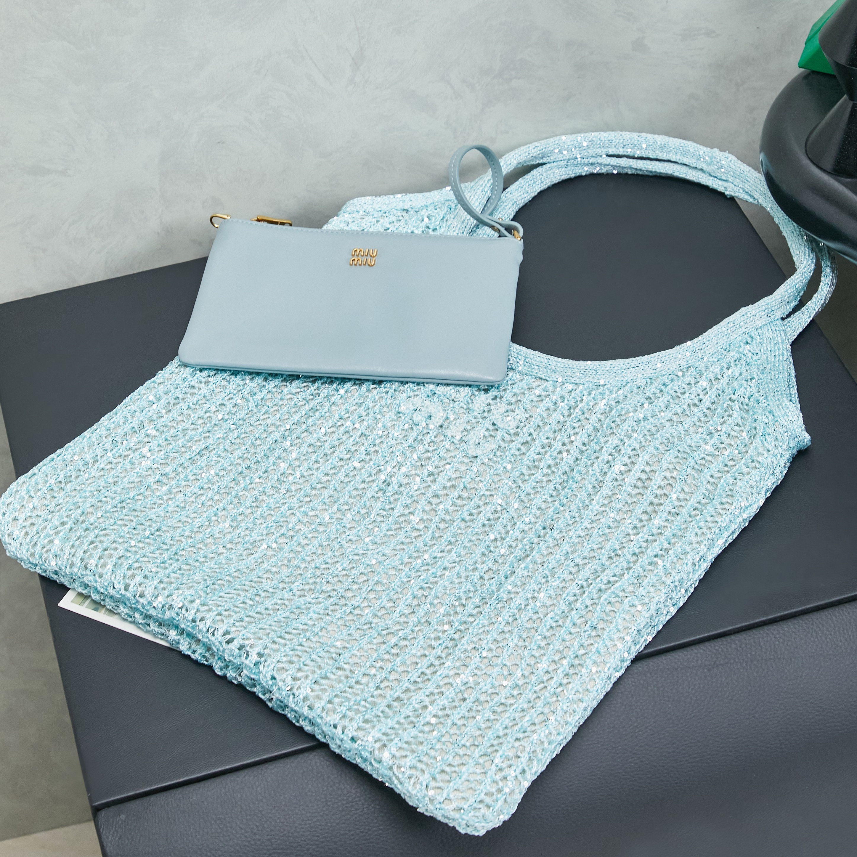 高仿miumiu*Lvy系列5BG231尼龍編織沙灘單肩包藍綠色純原版本