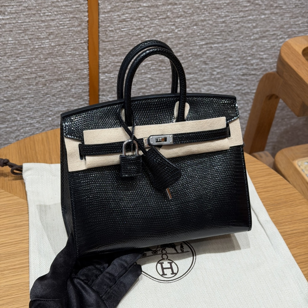 高仿Hermes*Birkin20系列H070807LZ89黑色蜥蜴皮銀扣純手工