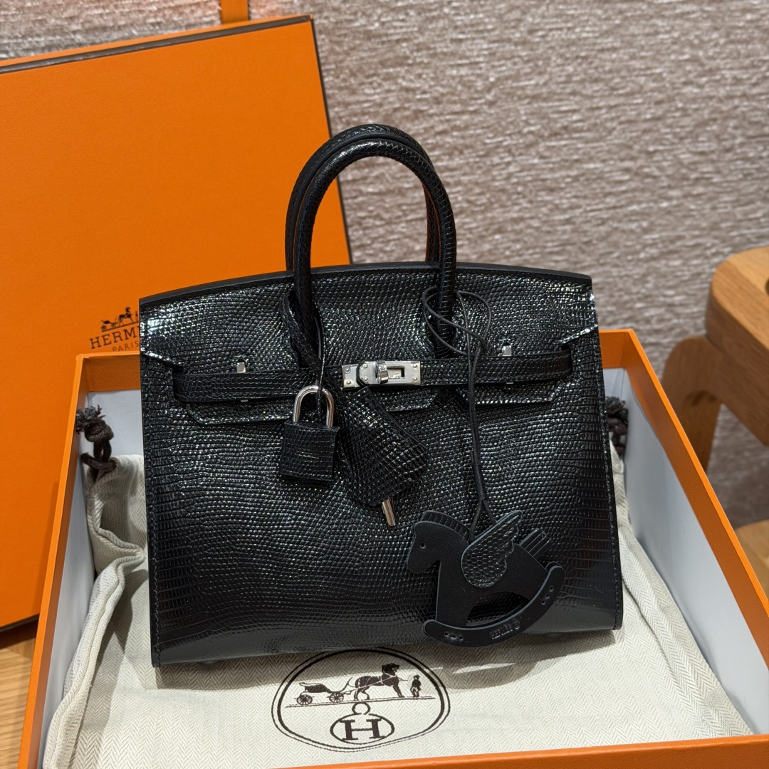 高仿Hermes*Birkin20系列H070807LZ89黑色蜥蜴皮銀扣純手工