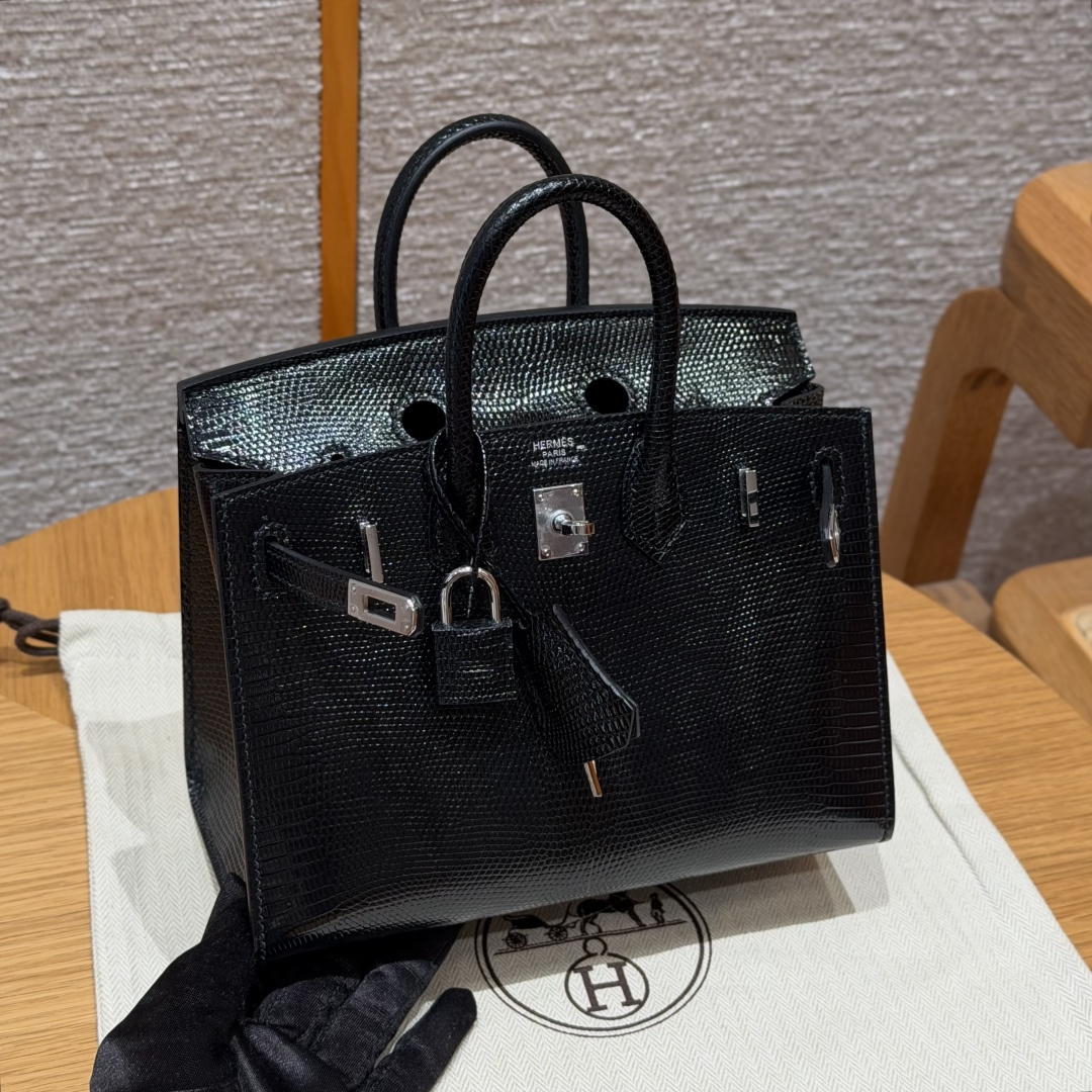 高仿Hermes*Birkin20系列H070807LZ89黑色蜥蜴皮銀扣純手工