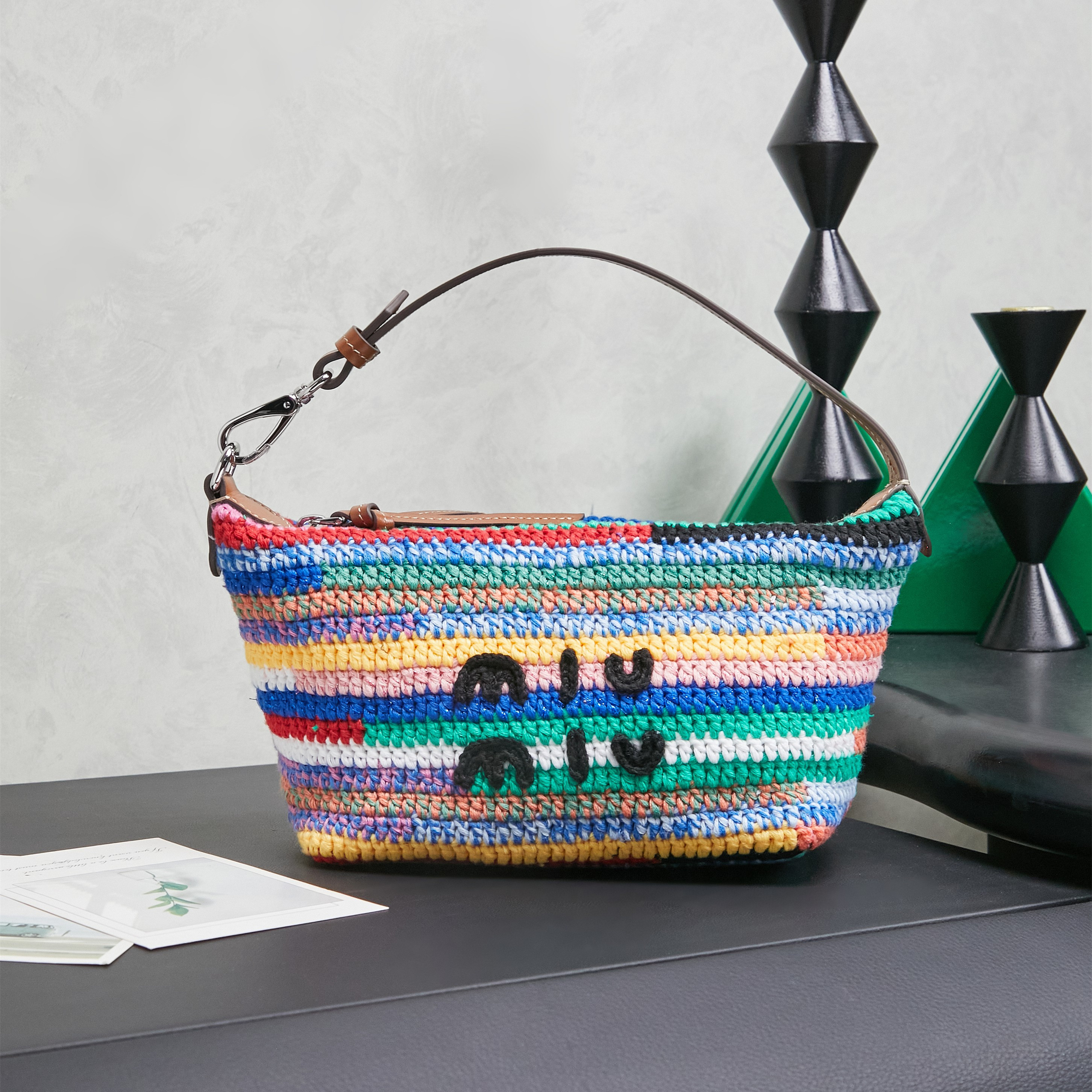 高仿miumiu*Borsa系列5NE841針織刺繡手提包彩虹色純原版本