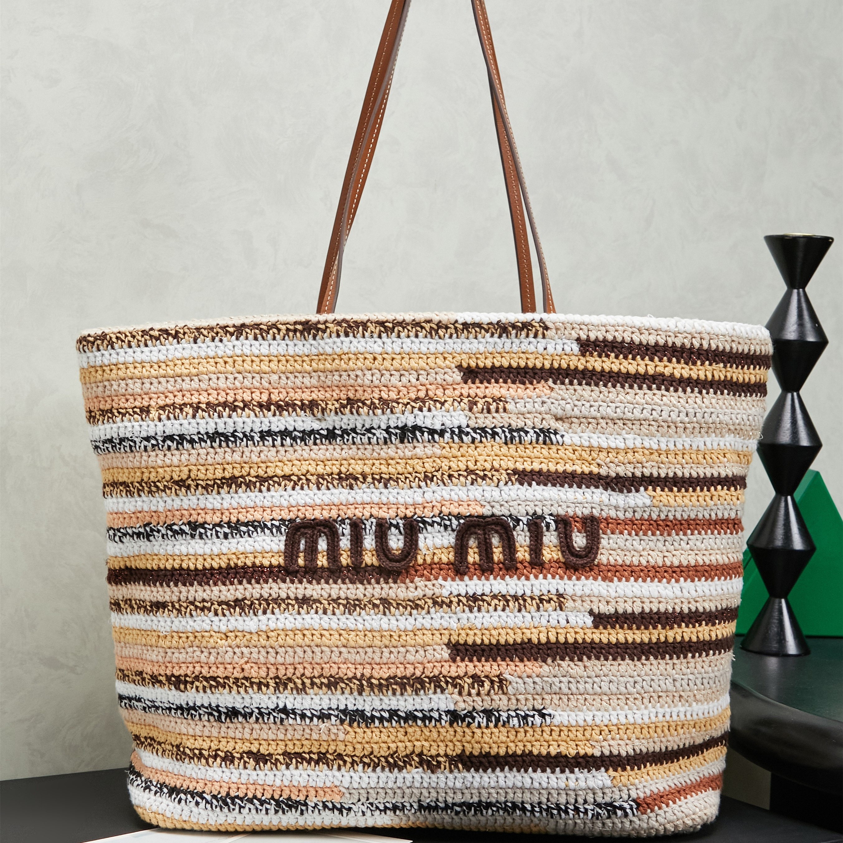 高仿miumiu*Borsa系列5BG228針織刺繡購物袋棕色純原版本