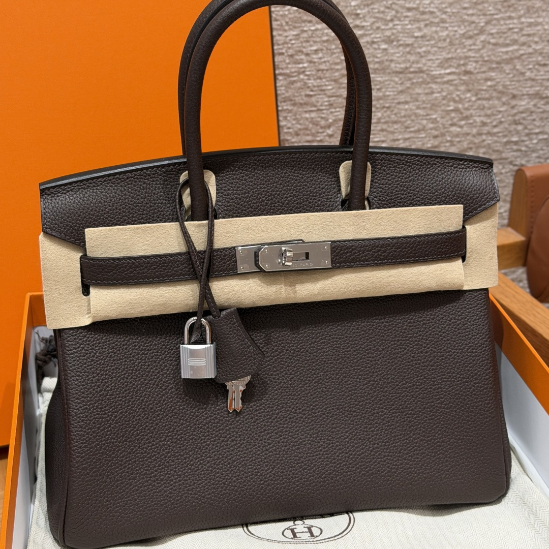 高仿Hermes*Birkin30系列H044897BO47巧克力色牛皮銀扣純手工