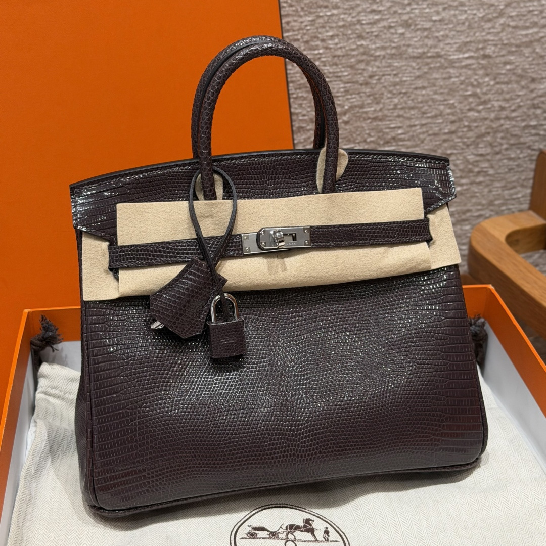 高仿Hermes*Birkin25系列H041344LZ46烏木色蜥蜴皮銀扣純手工