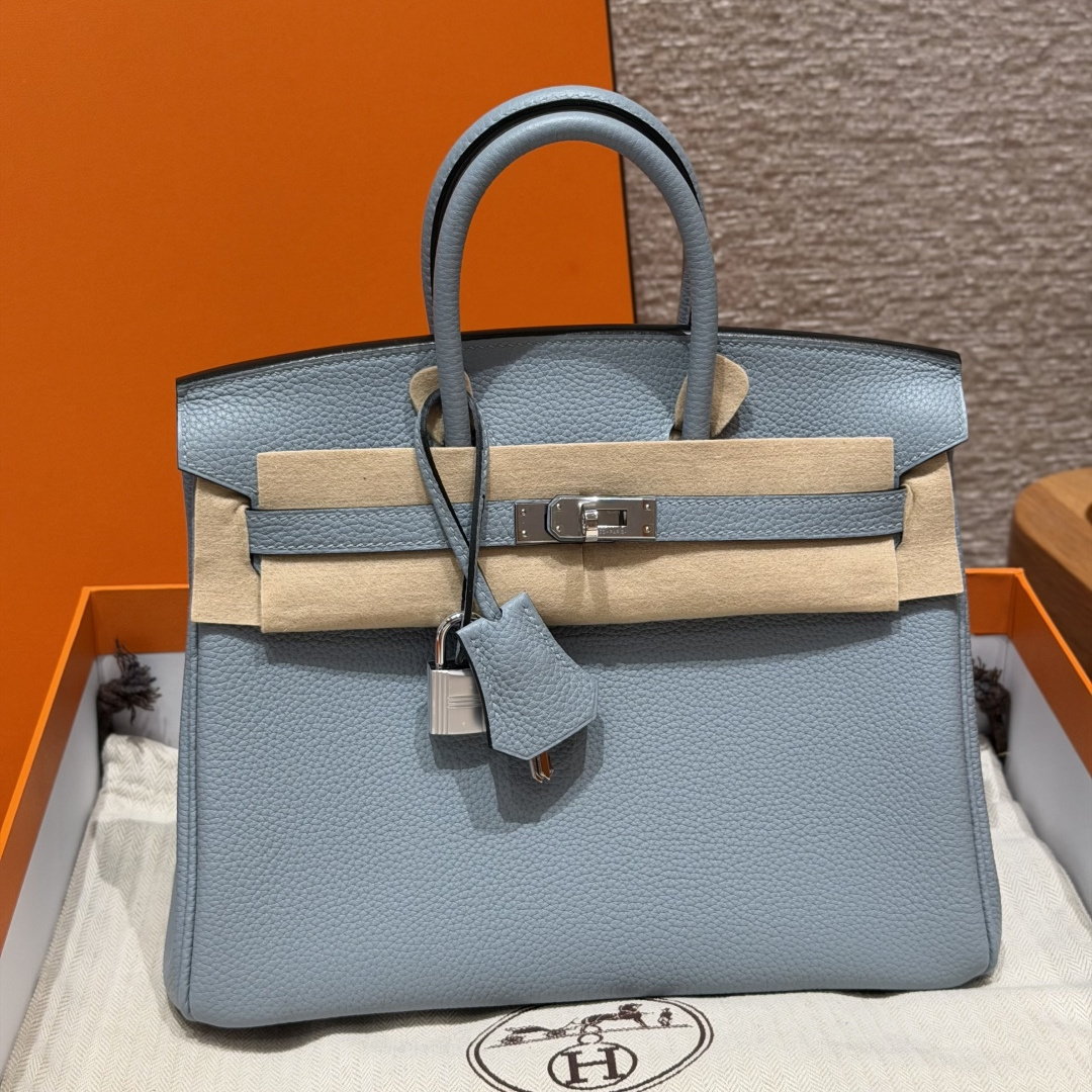 高仿Hermes*Birkin25系列H041344BOJ7亞麻藍牛皮銀扣純手工