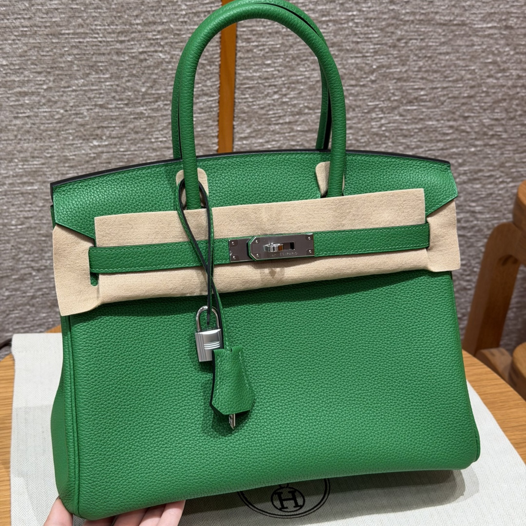 高仿Hermes*Birkin30系列H044897BO1K竹子綠牛皮銀扣純手工