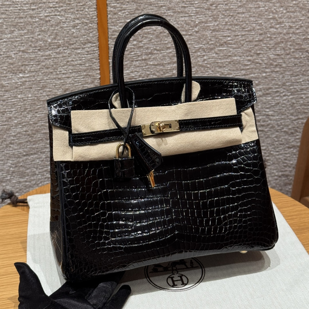 高仿Hermes*Birkin25系列H041344CK89黑色鱷魚皮金扣純手工
