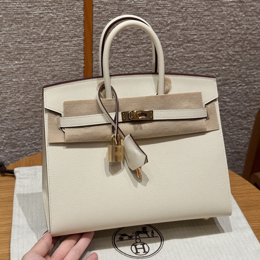 高仿Hermes*Birkin25系列H073178EPI2奶油色牛皮金扣純手工