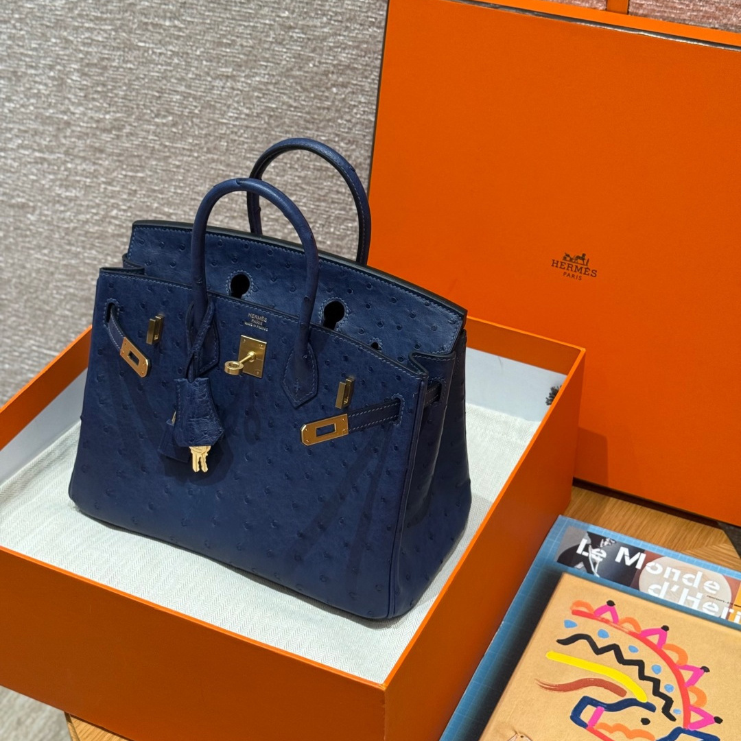 高仿Hermes*Birkin25系列H041344OS73寶石藍鴕鳥皮金扣純手工