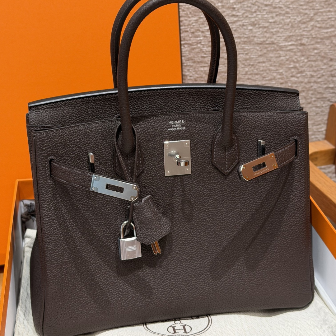 高仿Hermes*Birkin30系列H044897BO47巧克力色牛皮銀扣純手工