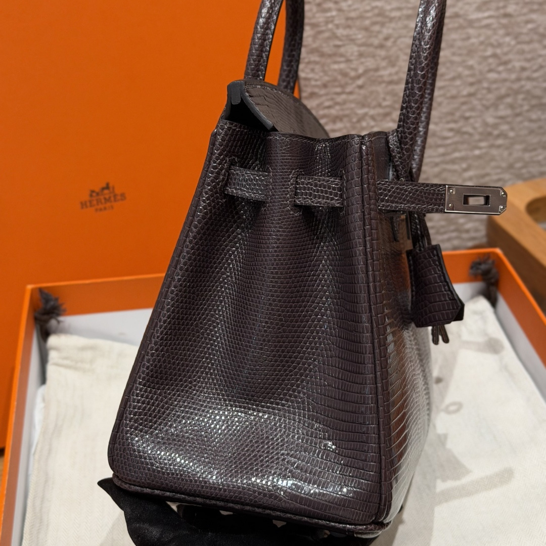 高仿Hermes*Birkin25系列H041344LZ46烏木色蜥蜴皮銀扣純手工