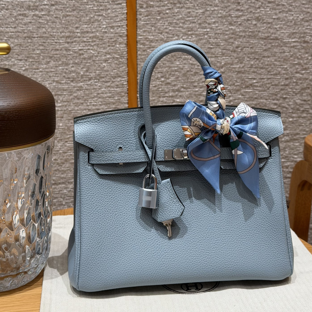 高仿Hermes*Birkin25系列H041344BOJ7亞麻藍牛皮銀扣純手工