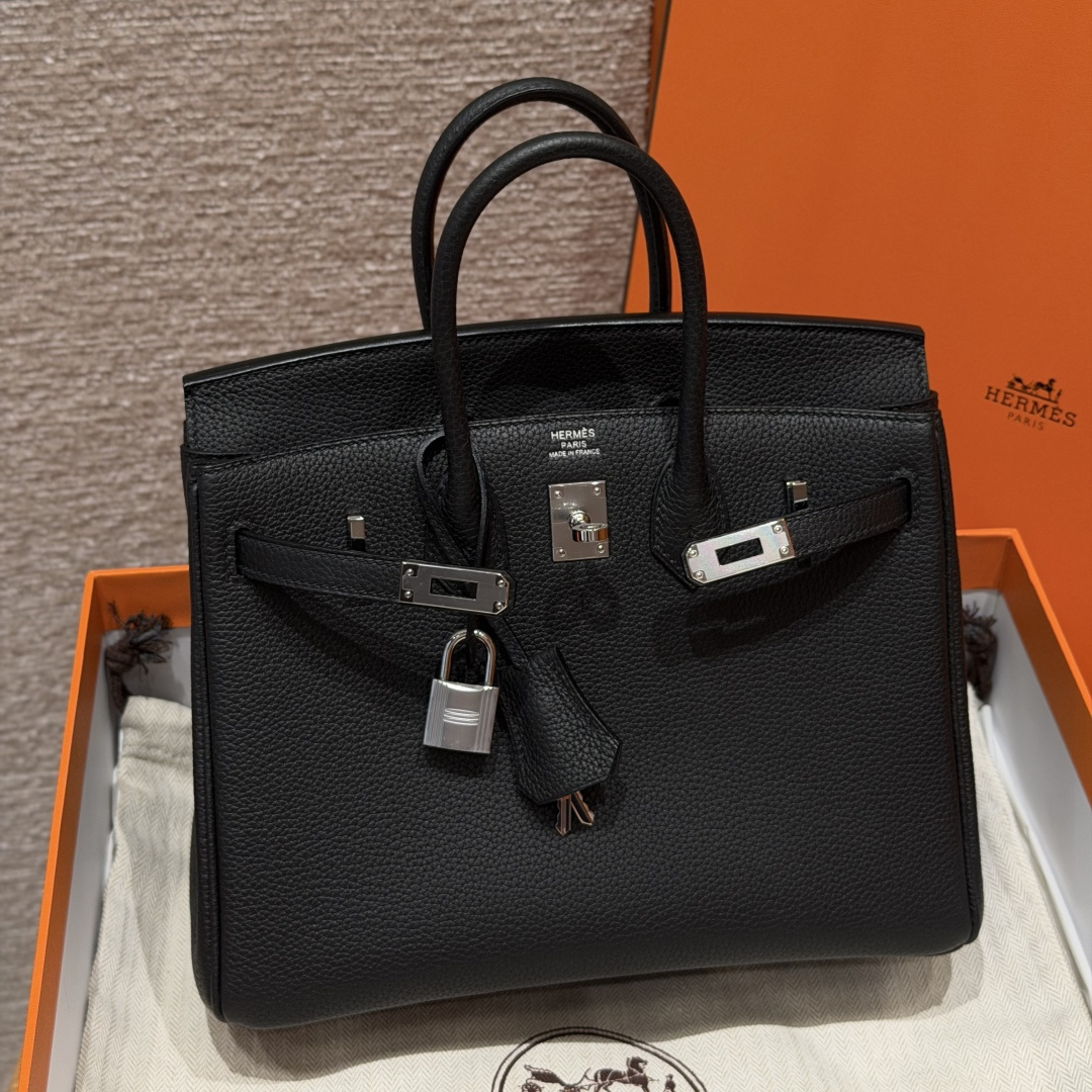 高仿Hermes*Birkin25系列H041344BO89黑色牛皮銀扣純手工